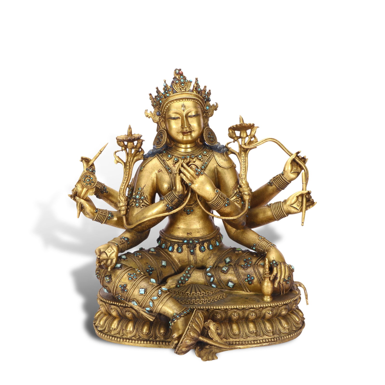 14th-15th Century Tibetan Danshati-style gilt-bronze statue of Mahapratisara, inlaid with turquoise (1 of 5)