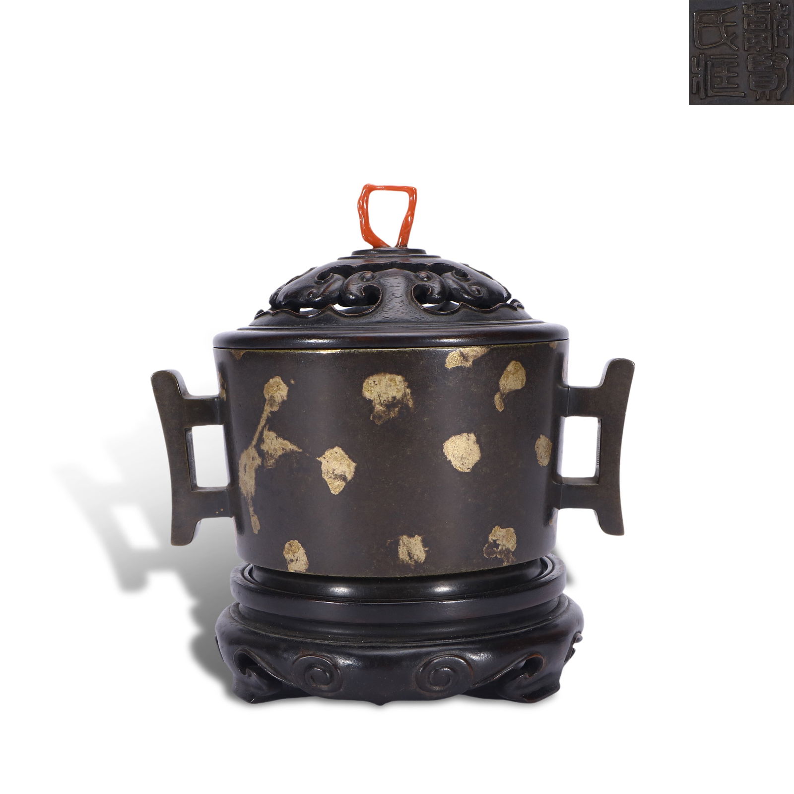 Ming Dynasty Bronze sprinkled-gold halberd-ear censer, marked "Xianxian Shi Collection" (1 of 4)