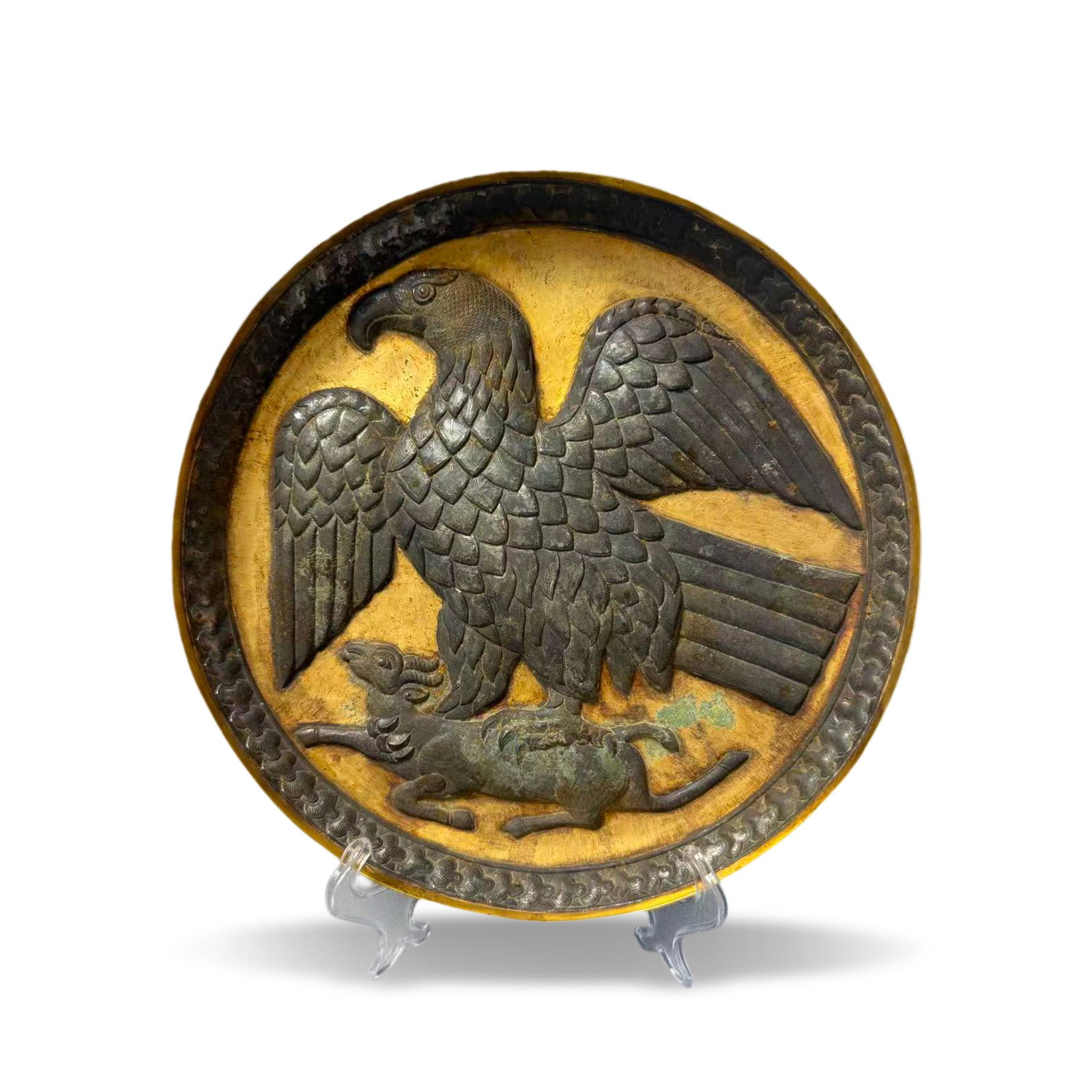 Tang Dynasty Silver-gilt plate with Persian eagle-catching-sheep (1 of 4)
