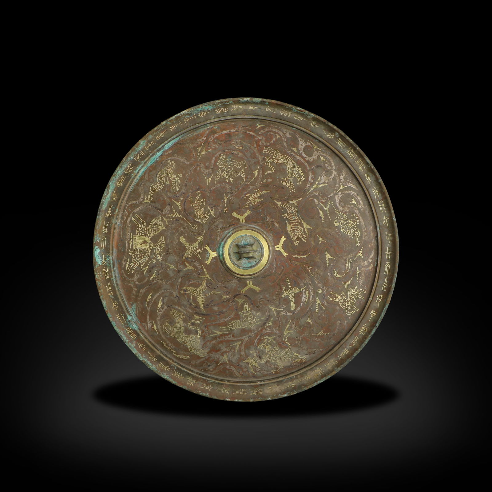 Warring States Period Bronze mirror with hunting patterns inlaid with gold and silver (1 of 4)