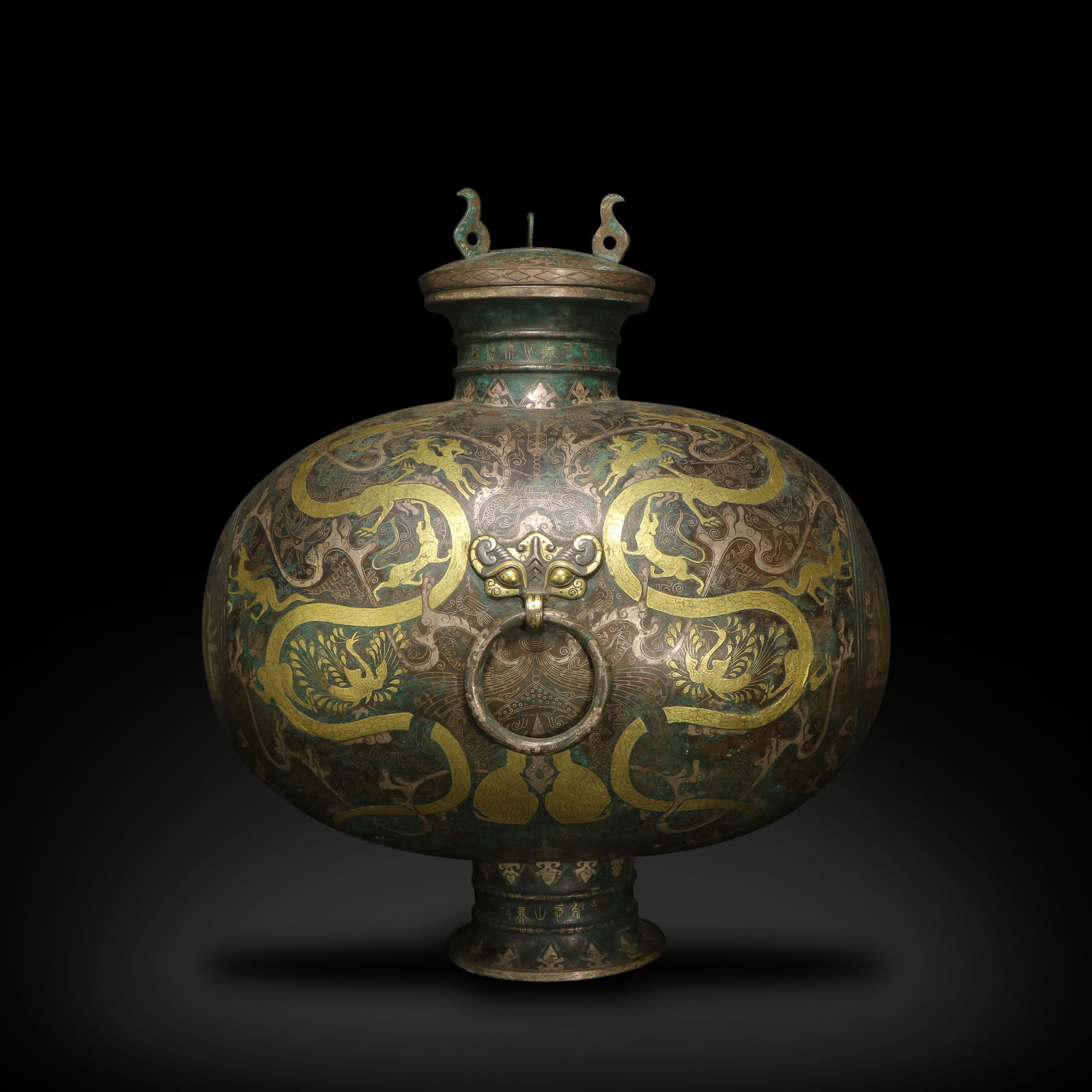 Warring States Period Bronze cocoon-shaped wine vessel with mythical beast and figure patterns (1 of 7)