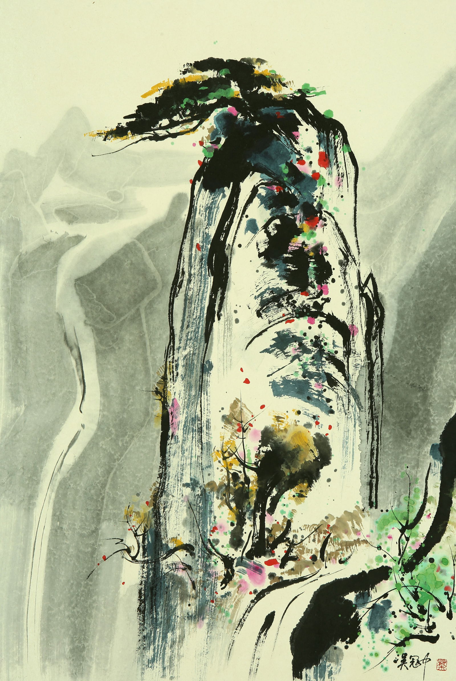 Wu Guanzhong pine waterfall painting standing scroll: Name Wu Guanzhong pine waterfall painting standing scroll Dimensions 68*45cm Condition Additional photographs and condition reports are available upon request as a courtesy to our cl