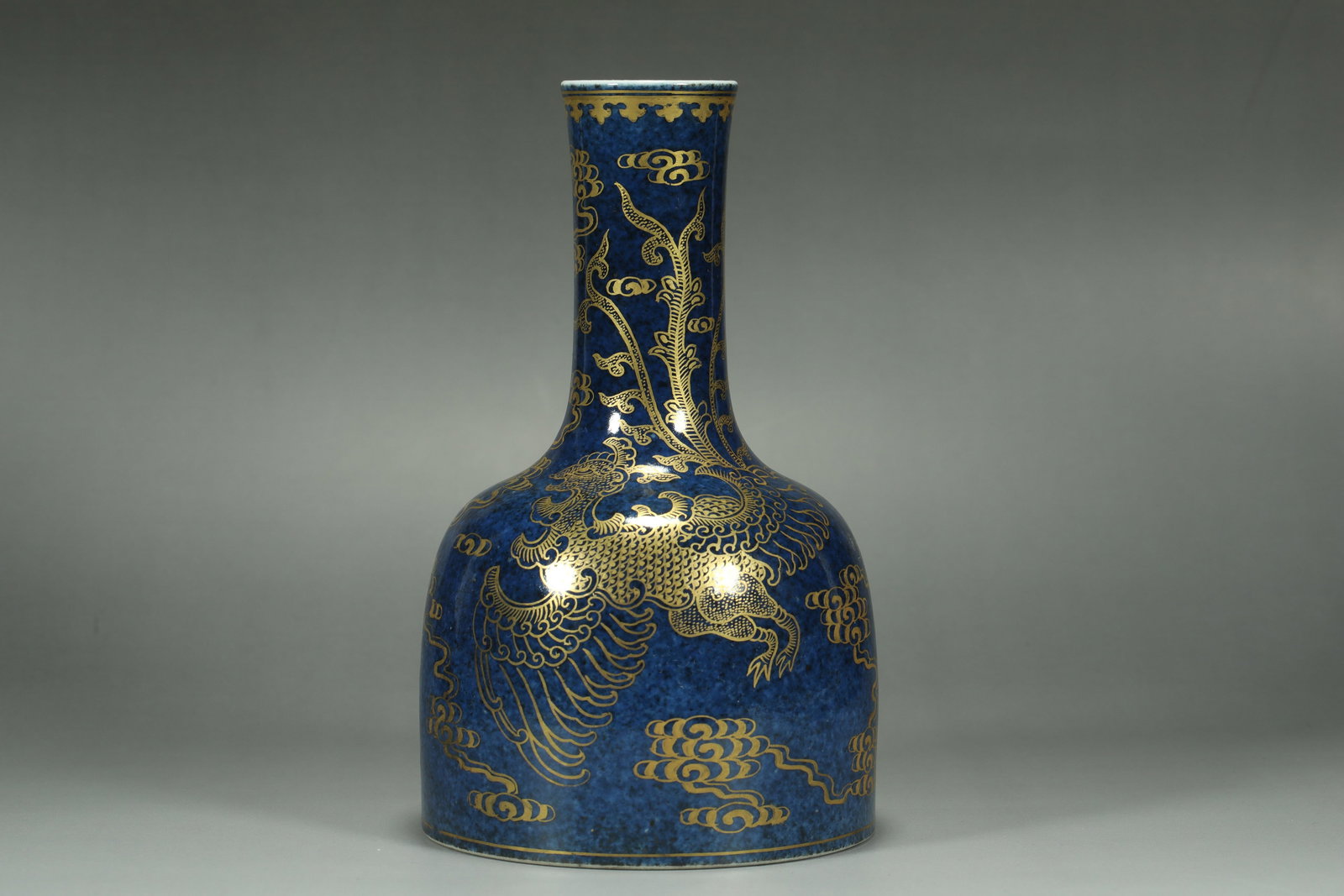 QING DYNASTY BLUE-GLAZED GILDED BELL-SHAPED VASE: Name QING DYNASTY BLUE-GLAZED GILDED BELL-SHAPED VASE Dimensions H:17.5CM Condition Additional photographs and condition reports are available upon request as a courtesy to our clie