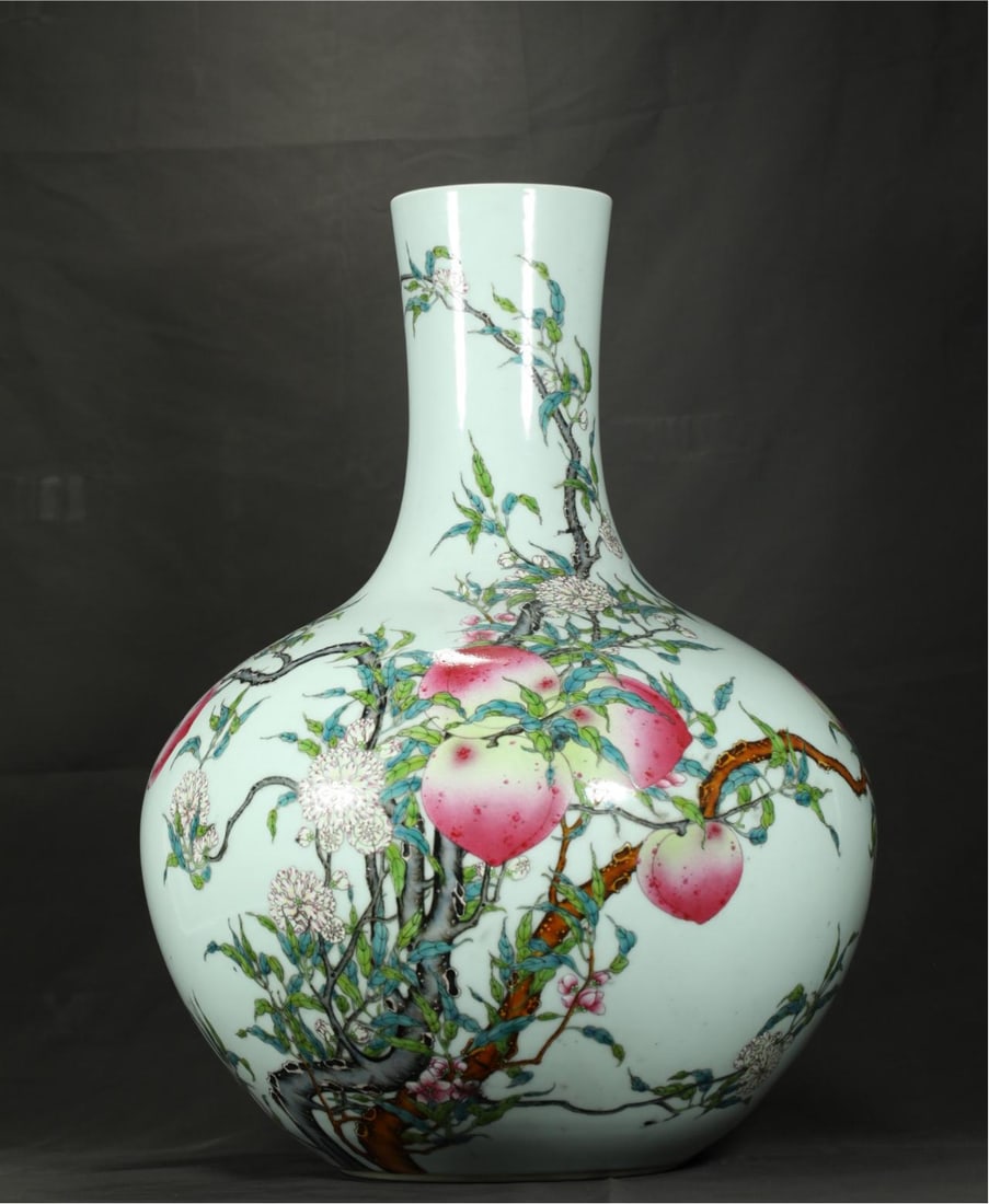 QING DYNASTY FAMILLE ROSE NINE PEACH CELESTIAL GLOBE VASE: Name QING DYNASTY FAMILLE ROSE NINE PEACH CELESTIAL GLOBE VASE Dimensions H:55CM Condition Additional photographs and condition reports are available upon request as a courtesy to o