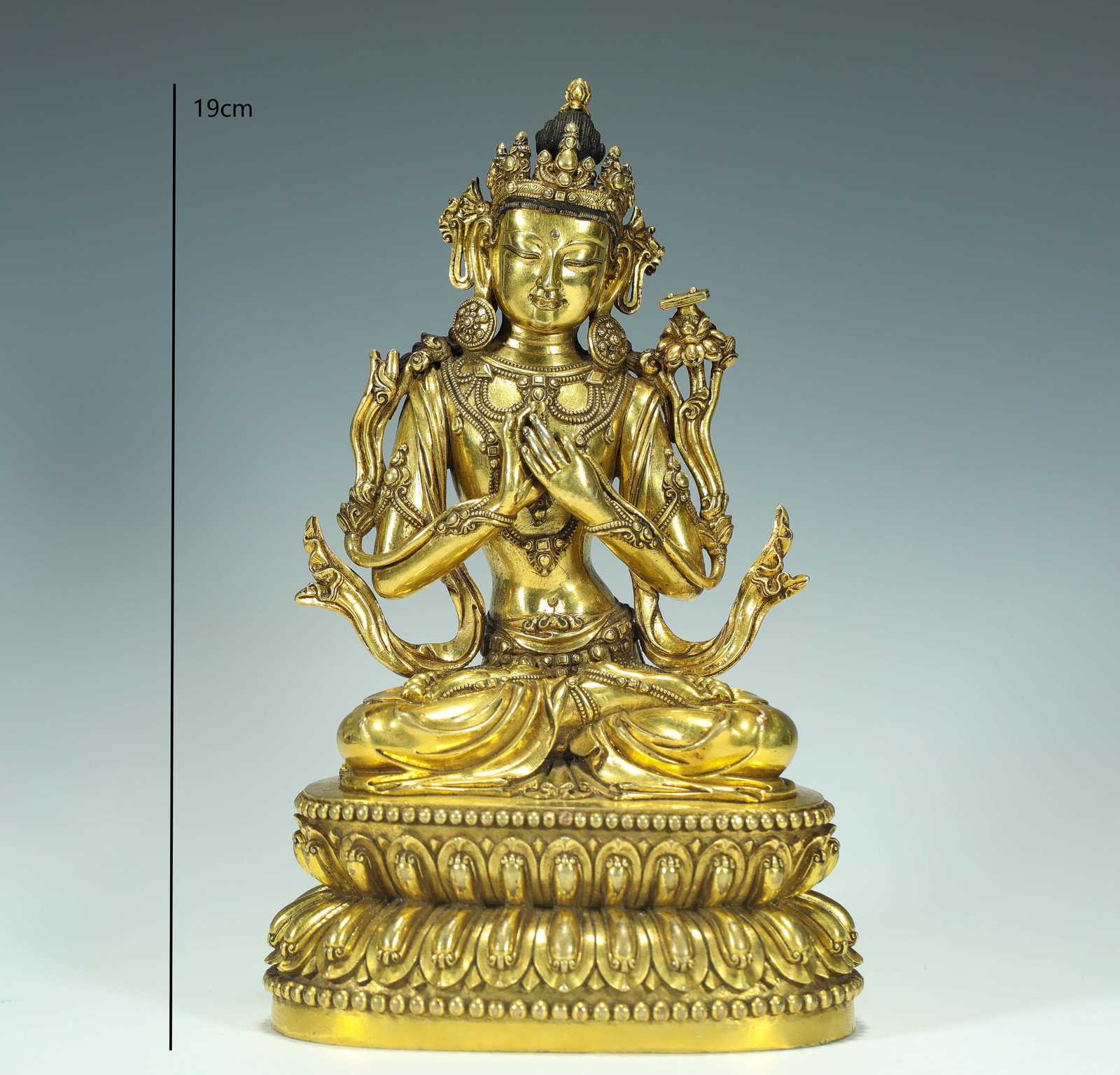 GILT BRONZE MANJUSHRI BODHISATTVA FROM THE MING DYNASTY: Name GILT BRONZE MANJUSHRI BODHISATTVA FROM THE MING DYNASTY Dimensions H:19CM Condition Additional photographs and condition reports are available upon request as a courtesy to our