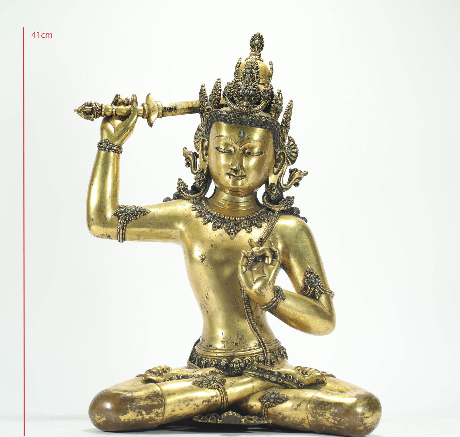 GILT BRONZE MANJUSHRI BODHISATTVA: Name GILT BRONZE MANJUSHRI BODHISATTVA Dimensions H:41CM Condition Additional photographs and condition reports are available upon request as a courtesy to our clients. Any conditio