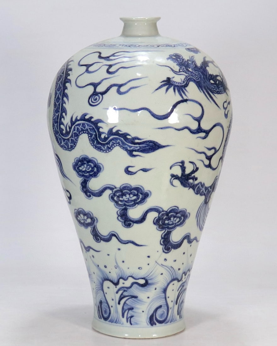 YUAN DYNASTY BLUE AND WHITE PORCELAIN PLUM VASE WITH DRAGON DESIGN: Name YUAN DYNASTY BLUE AND WHITE PORCELAIN PLUM VASE WITH DRAGON DESIGN Dimensions H:42.2CM Condition Additional photographs and condition reports are available upon request as a co