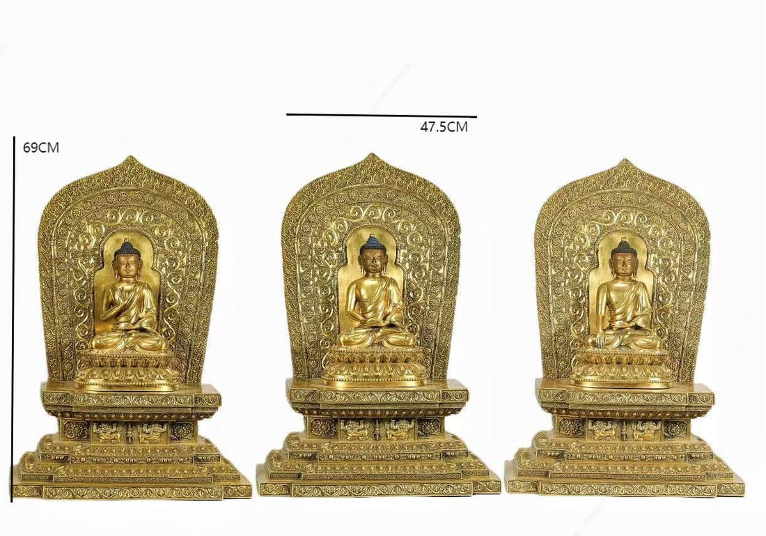 GILDED THREE BUDDHAS OF THE MING DYNASTY: Name GILDED THREE BUDDHAS OF THE MING DYNASTY Dimensions H:69CM L:47.5CM Condition Additional photographs and condition reports are available upon request as a courtesy to our client