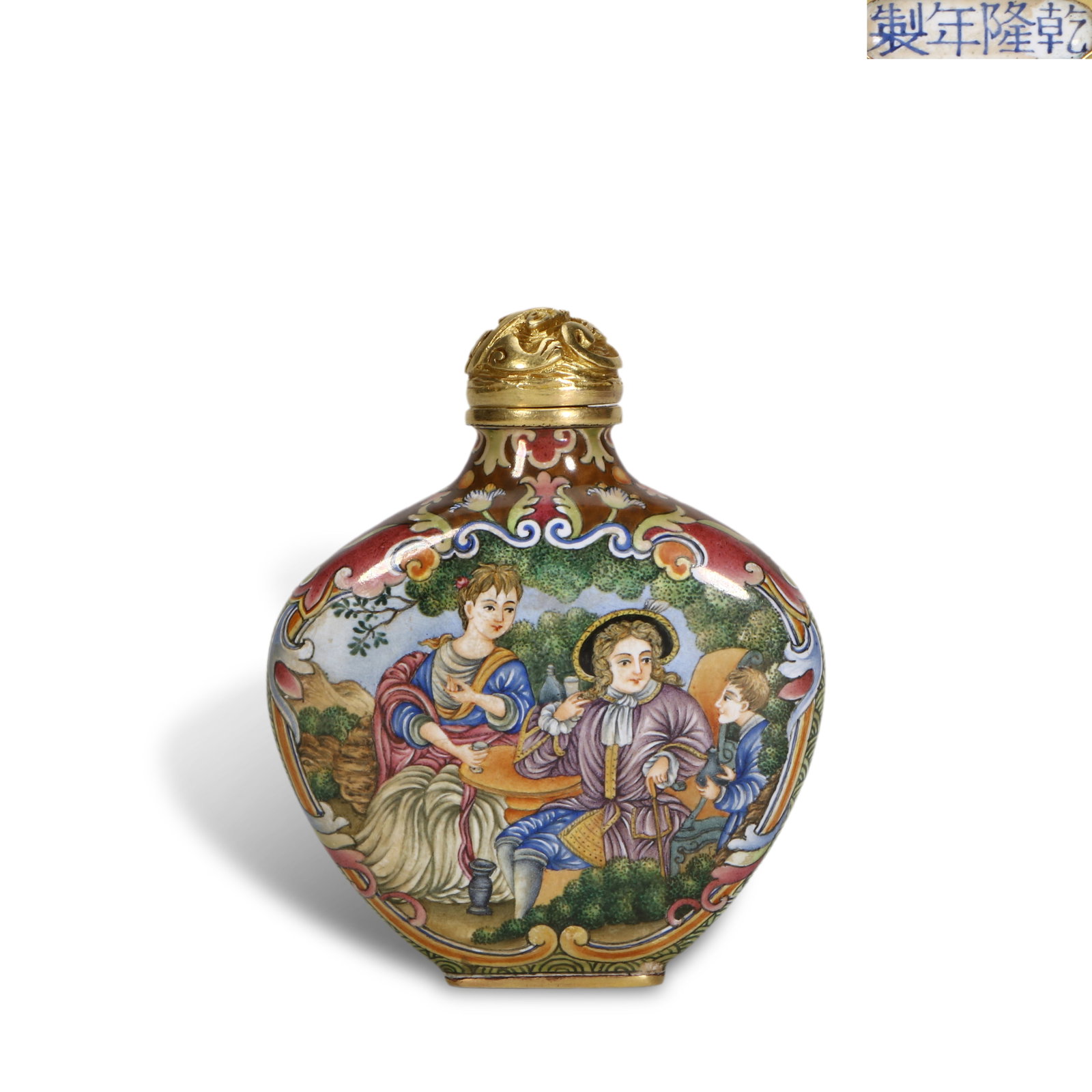 Qing Dynasty Qianlong Period, Copper-Bodied Painted Enamel Snuff Bottle with Western Figures (1 of 5)