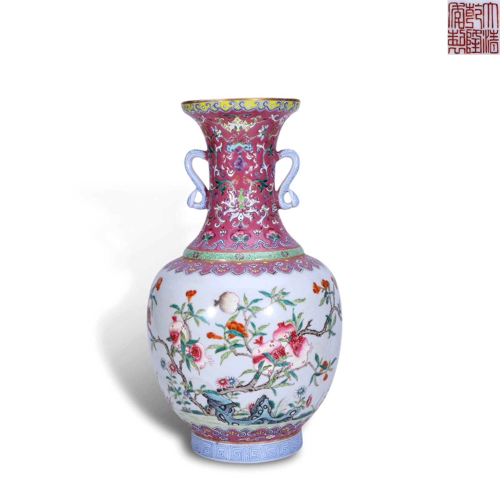 Qing Dynasty Qianlong Period,Famille Rose Double-Handled Vase with Pomegranate and Floral Patterns (1 of 4)