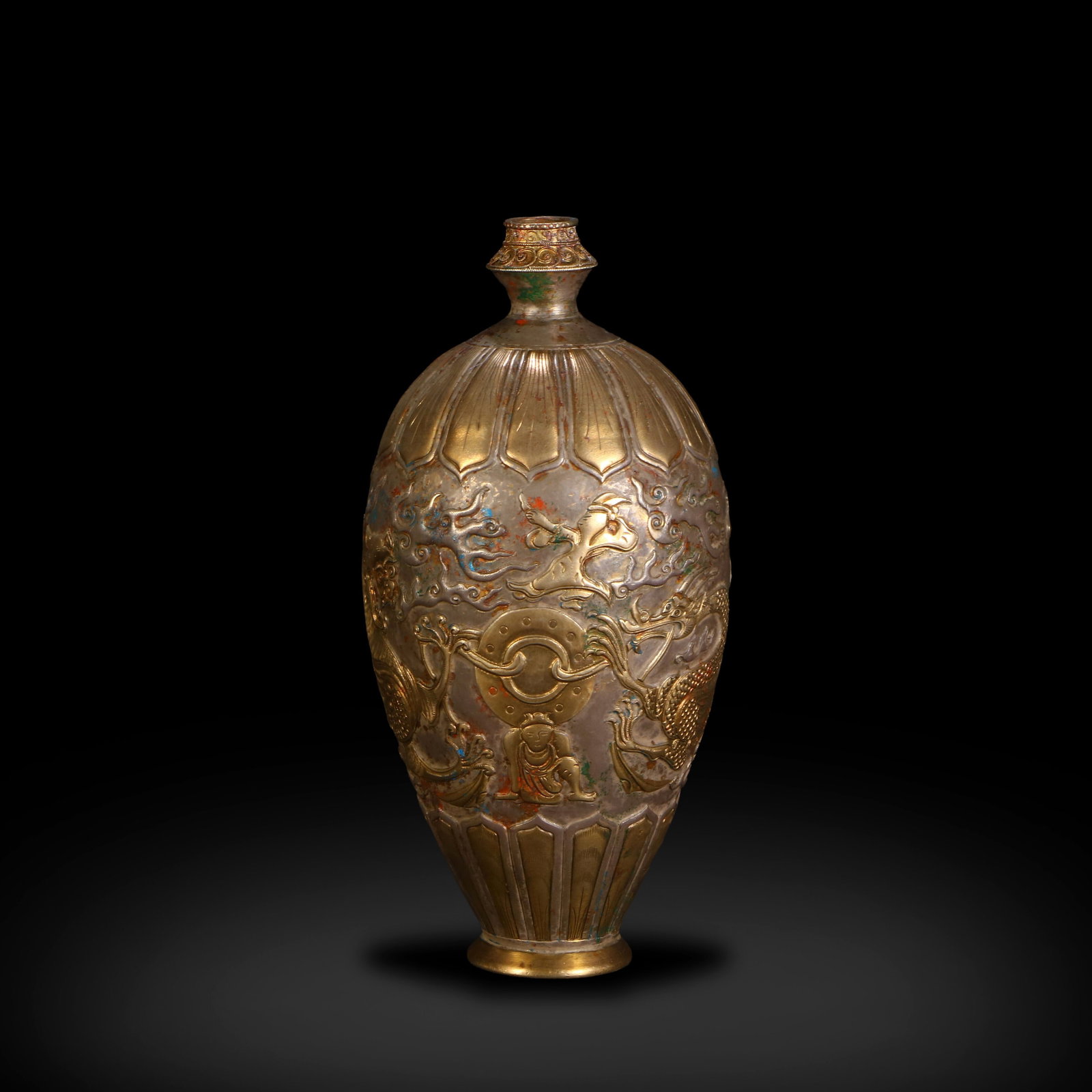 Tang Dynasty Gilt Silver Prunus Vase with Dragon and Tiger Patterns: Name Tang Dynasty Gilt Silver Prunus Vase with Dragon and Tiger Patterns Dimensions H:15.5cm D:7cm Wt:177g Condition Additional photographs and condition reports are available upon r