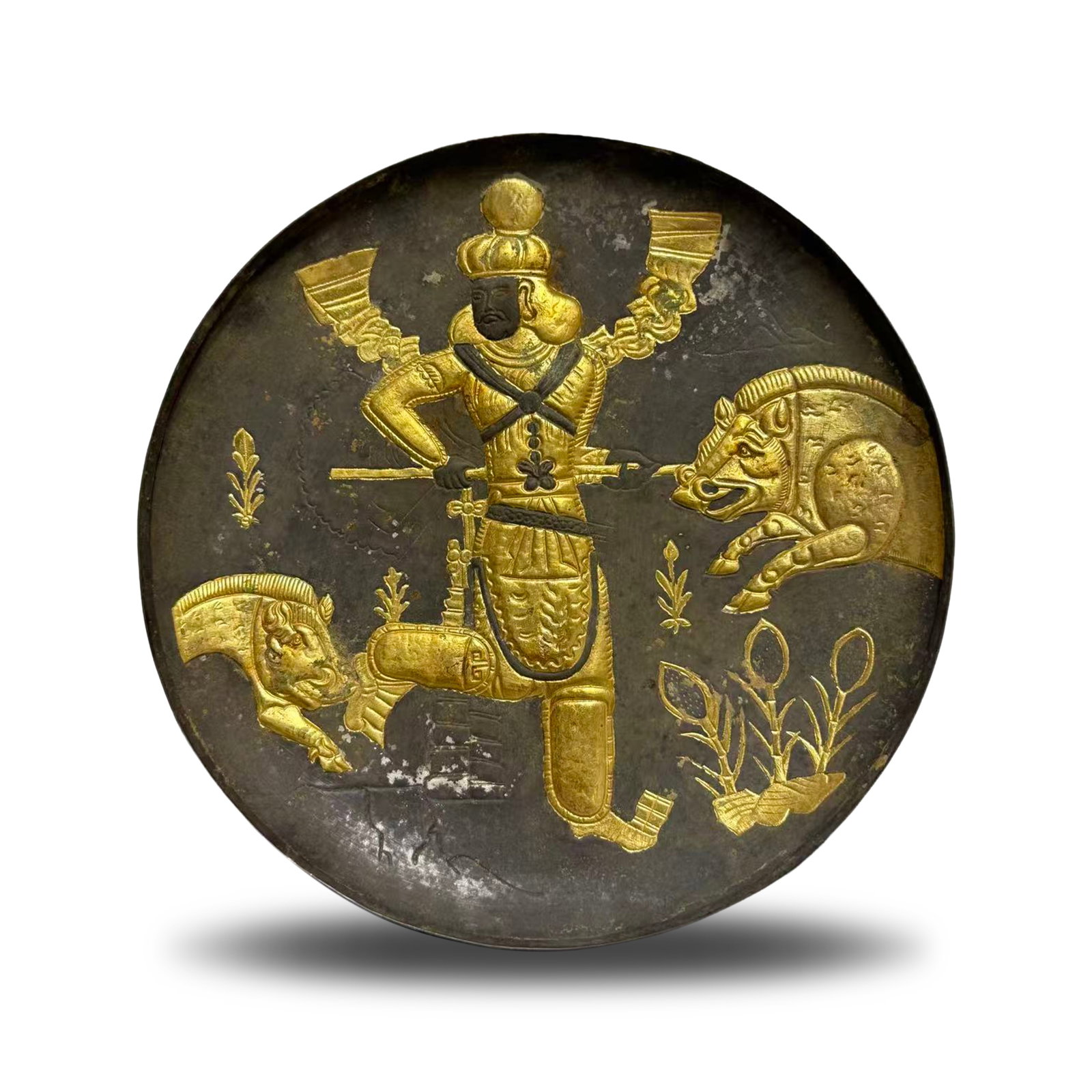 Tang Dynasty Silver-gilt plate with Persian hunting: Name Tang Dynasty Silver-gilt plate with Persian hunting Dimensions D:18cm Wt:205g Condition Additional photographs and condition reports are available upon request as a courtesy to