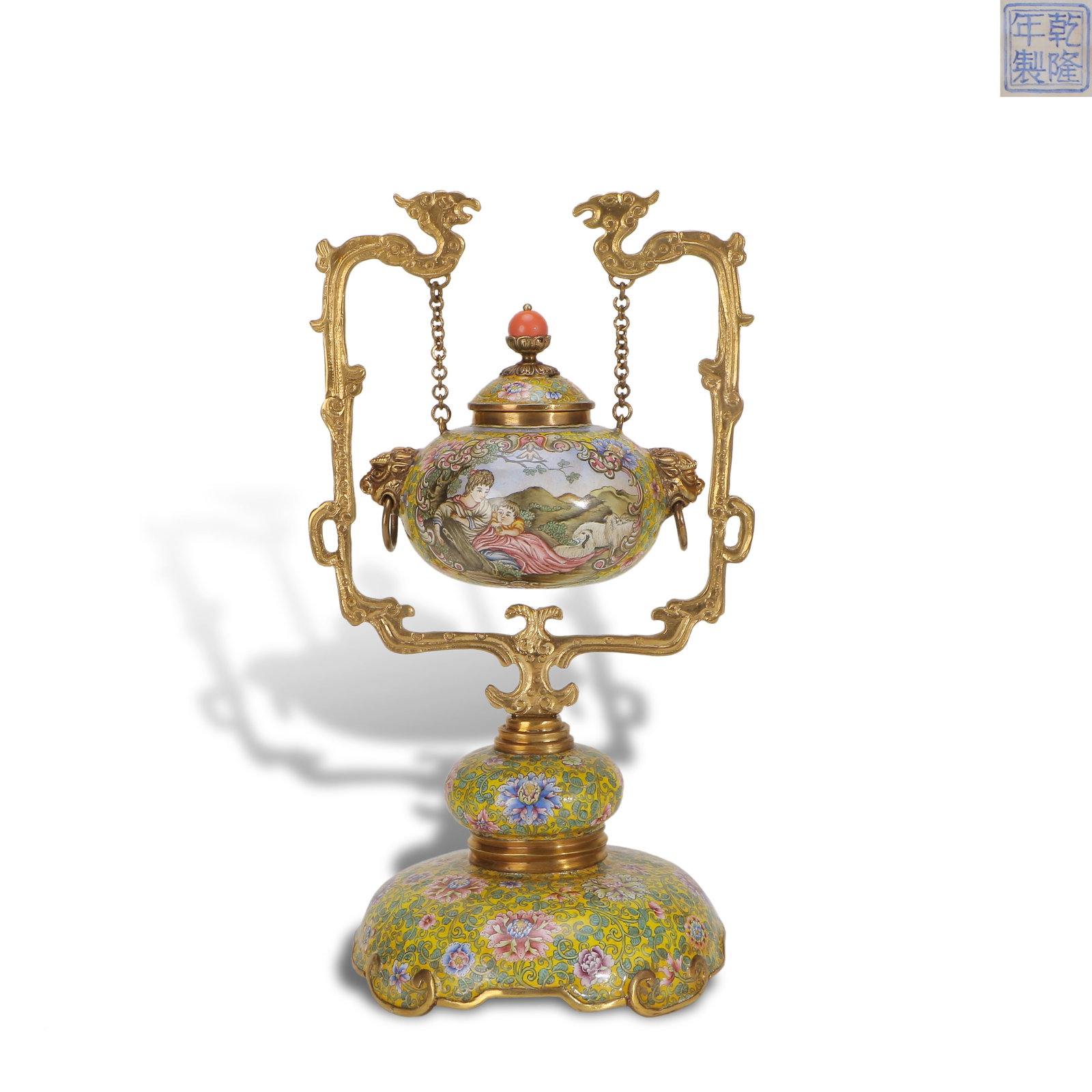 Qing Dynasty Qianlong period, Enamel-on-copper hanging jar with Western figure patterns: Name Qing Dynasty Qianlong period, Enamel-on-copper hanging jar with Western figure patterns Dimensions H:20.8cm W:11.5cm Condition Additional photographs and condition reports are a