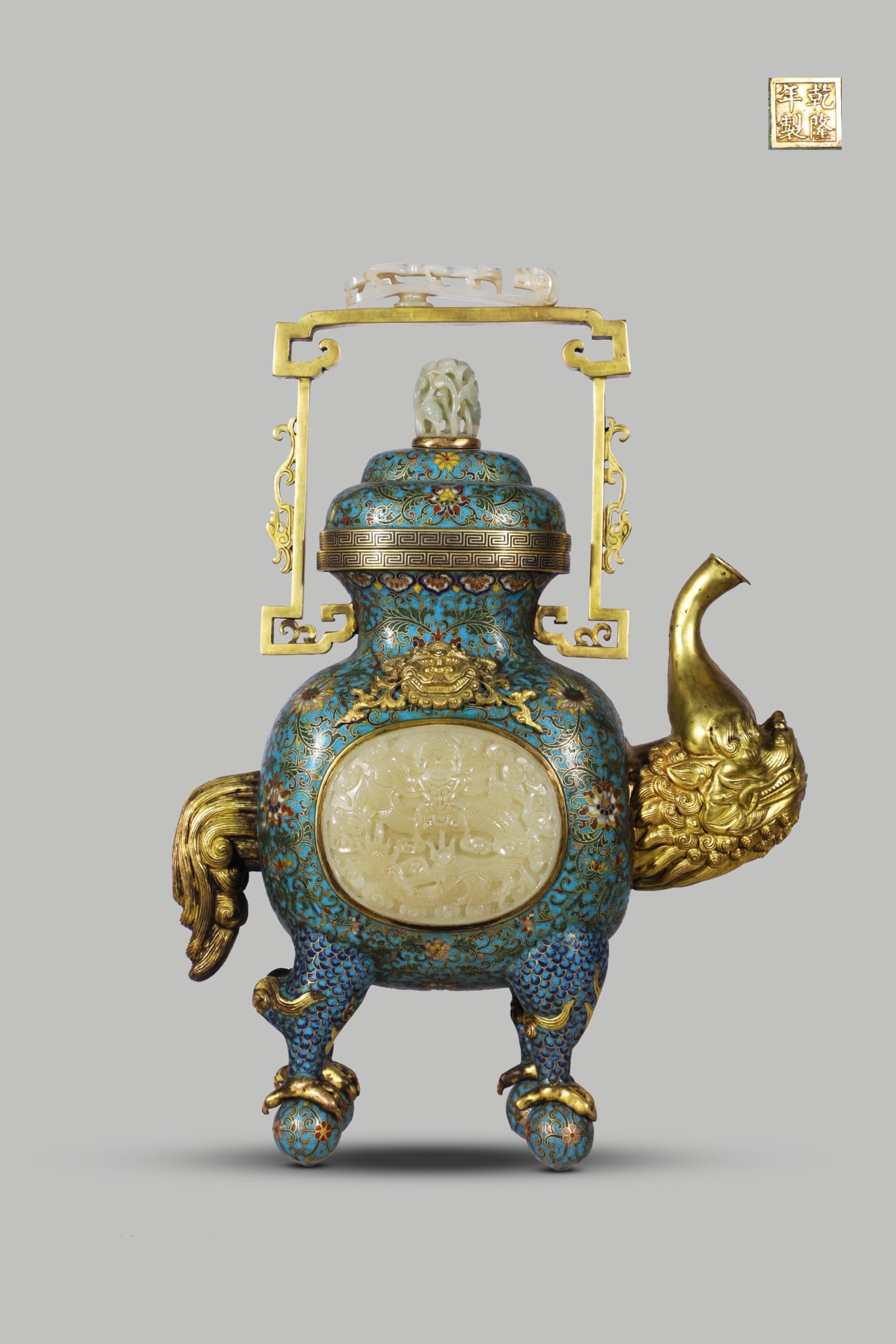 Qing Dynasty Qianlong Period,Copper-Bodied Cloisonn?? Enamel Ewer in Auspicious Beast Shape: Name Qing Dynasty Qianlong Period,Copper-Bodied Cloisonn?? Enamel Ewer in Auspicious Beast Shape Dimensions H:40cm W:30cm Condition Additional photographs and condition reports are a