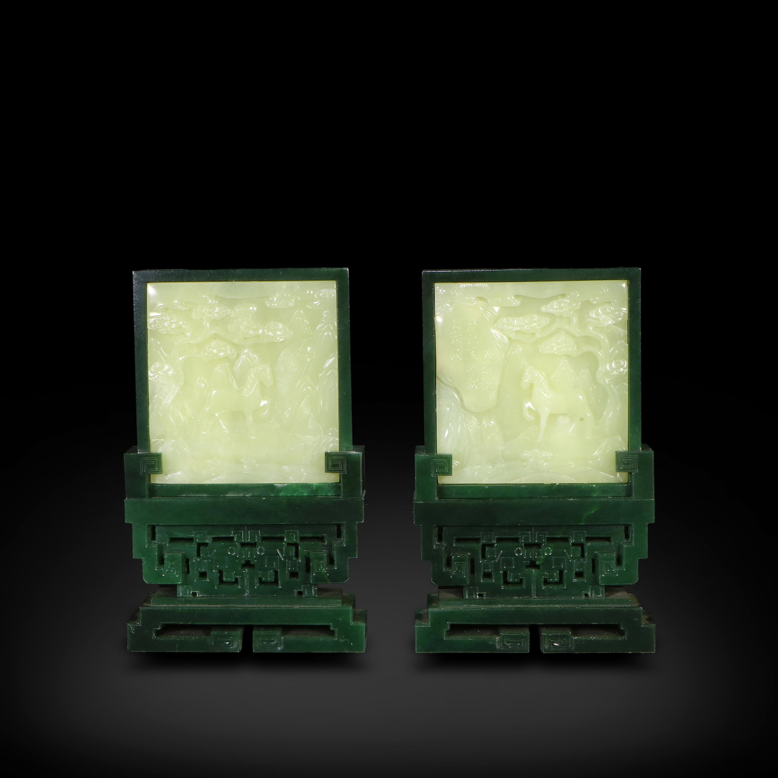 Qing Dynasty Qianlong period, A pair of Hetian jasper ink slab screens inlaid with yellow jade, (1 of 8)