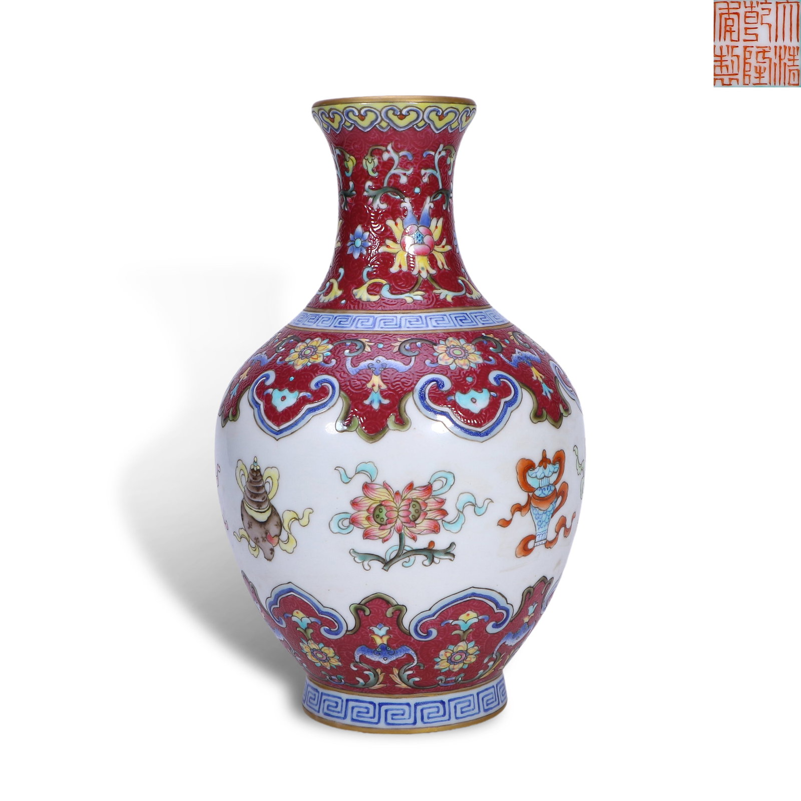 Qing Dynasty Qianlong Period,Purple-Ground Sgraffito Famille Rose Vase with Interlocking Flowers and (1 of 9)