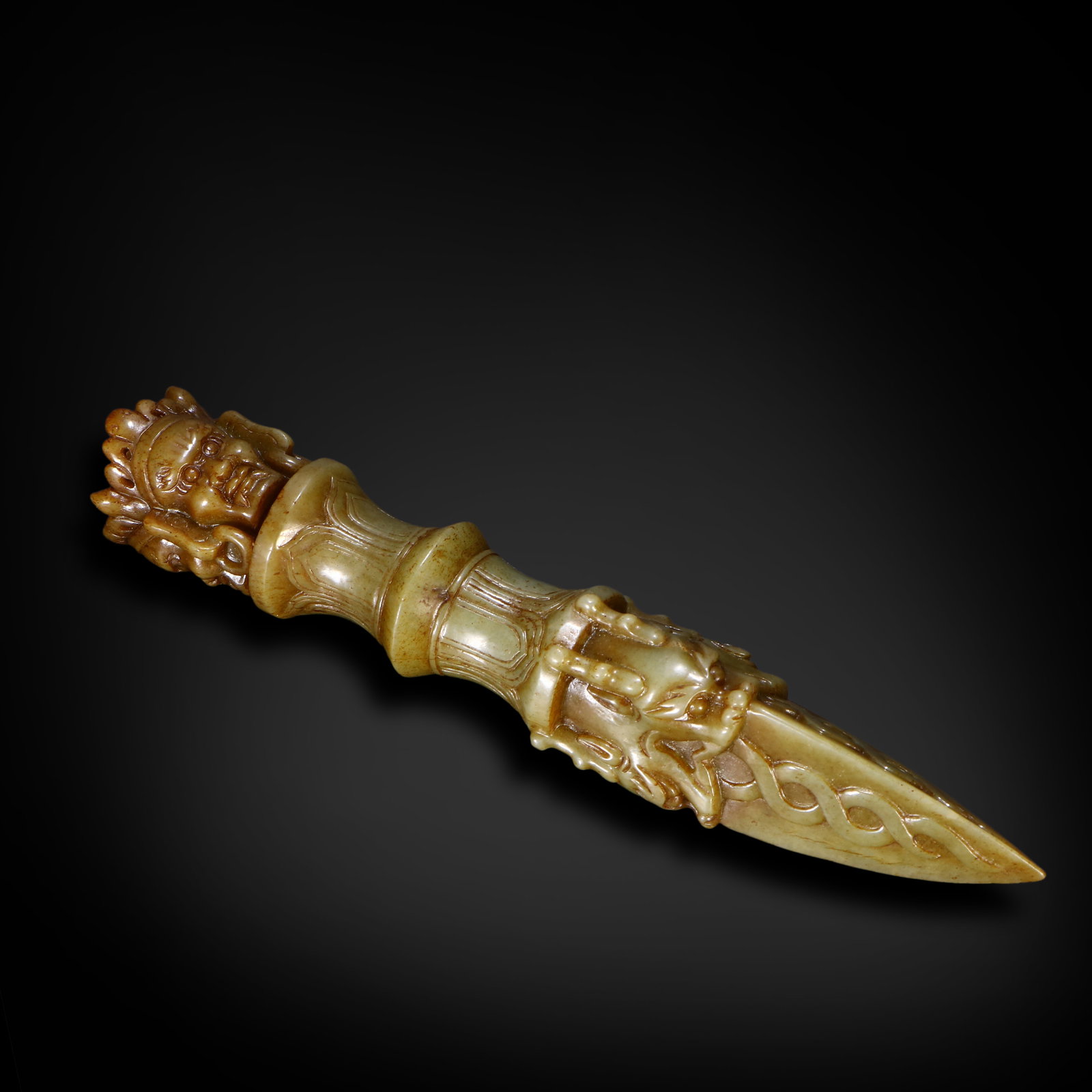 Ming Dynasty Jade carved Vajra pestle: Name Ming Dynasty Jade carved Vajra pestle Dimensions H:25.5cm W:4.3cm Condition Additional photographs and condition reports are available upon request as a courtesy to our clients.