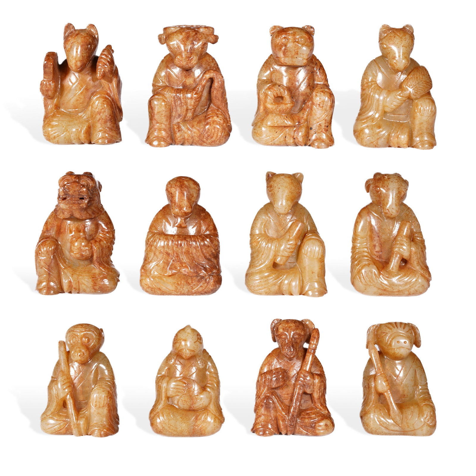 Ming Dynasty a set of Hetian jade carvings of the twelve Chinese zodiac animals: Name Ming Dynasty a set of Hetian jade carvings of the twelve Chinese zodiac animals Dimensions H:5.2cm W:3.4cm Condition Additional photographs and condition reports are available