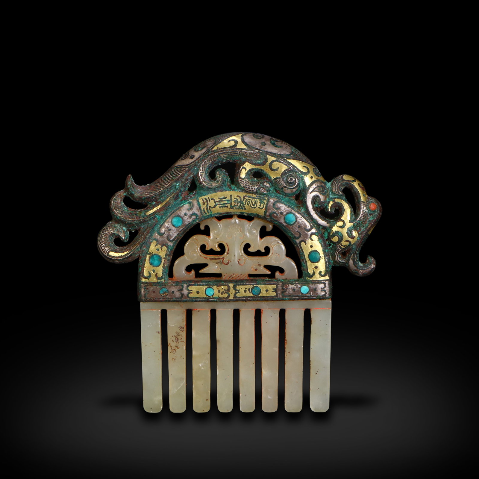 Warring States Period Gold and Silver Inlaid Bronze Phoenix-Shaped Jade Comb Inlaid with Jade (1 of 4)