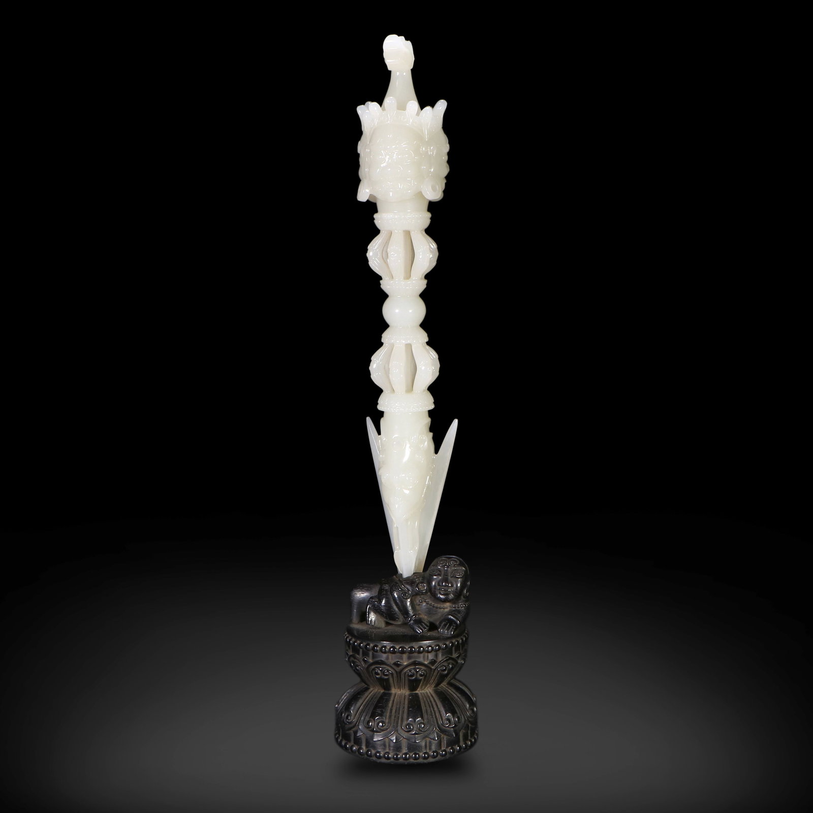 Qing Dynasty Hetian white jade carved Hayagriva Vajra pestle, with zitan wood base (1 of 6)