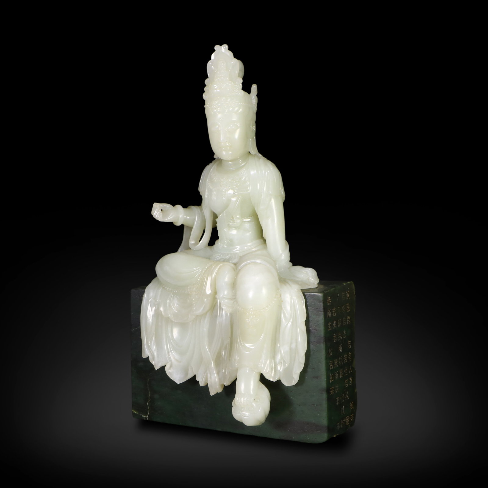 Qing Dynasty Hetian white jade carved free-standing Guanyin statue with jasper base inscribed with: Name Qing Dynasty Hetian white jade carved free-standing Guanyin statue with jasper base inscribed with poems Dimensions H:31.5cm W:18.2cm Condition Additional photographs and condi