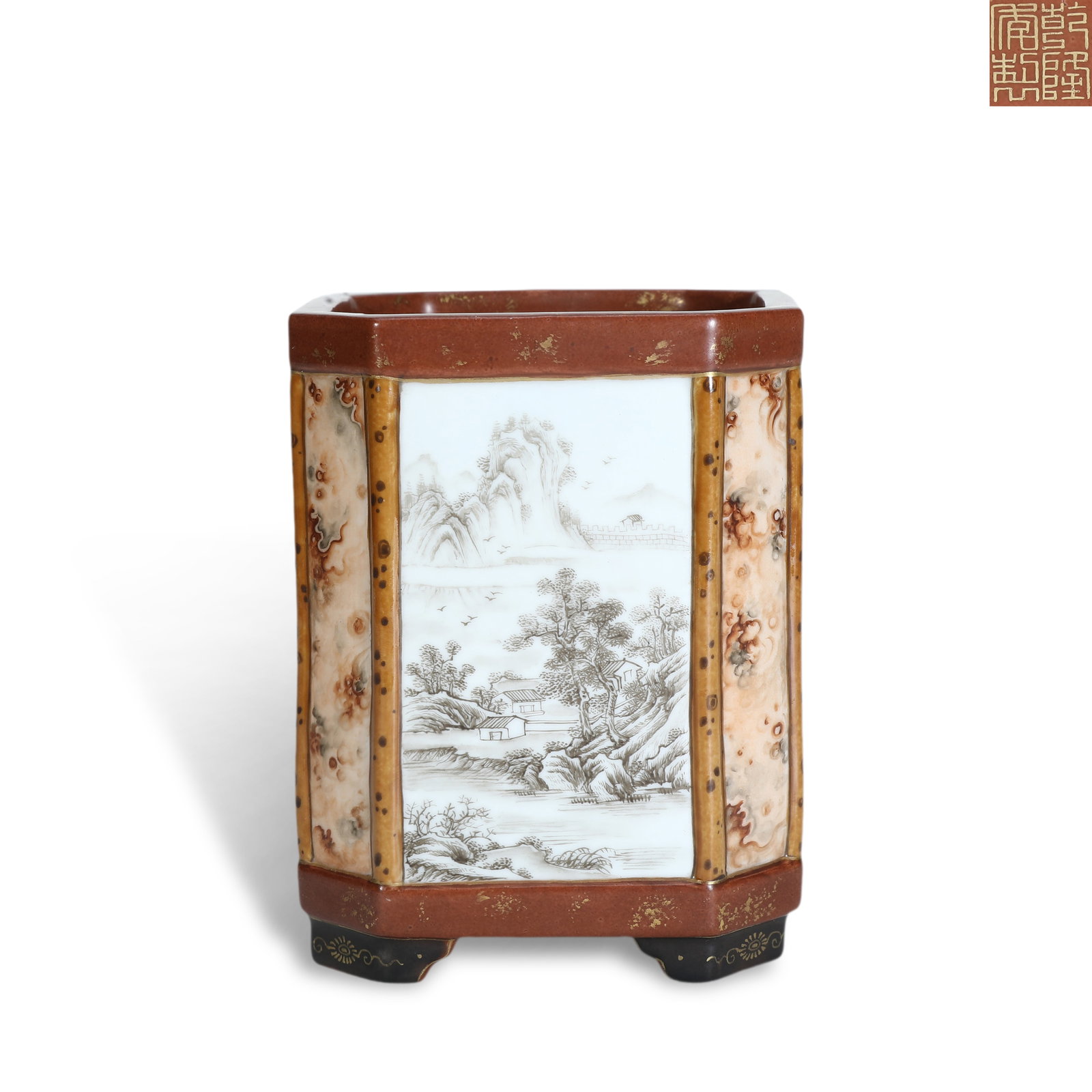 Qing Dynasty Qianlong Period,Imitation Stone-Glaze Brush Pot with Landscape Cartouches in Ink Color (1 of 6)