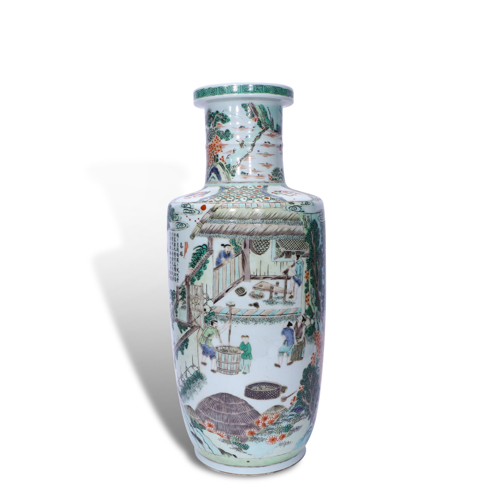 Qing Dynasty Kangxi period, Wucai mallet-shaped vase with "plowing and weaving" scenes (1 of 5)