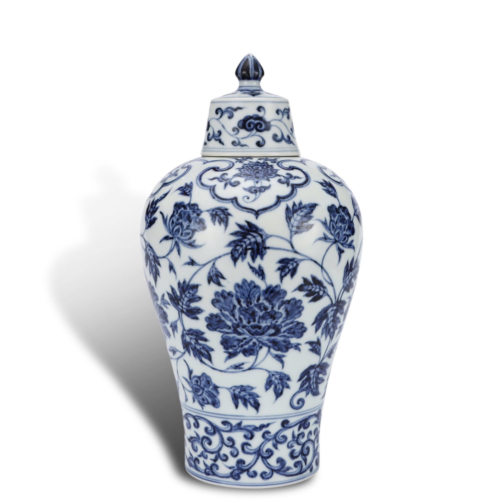 Ming Dynasty Yongle Period,Blue and White Lidded Prunus Vase with Peony Motif: Name Ming Dynasty Yongle Period,Blue and White Lidded Prunus Vase with Peony Motif Dimensions H:33.8cm D:18cm Condition Additional photographs and condition reports are available upo