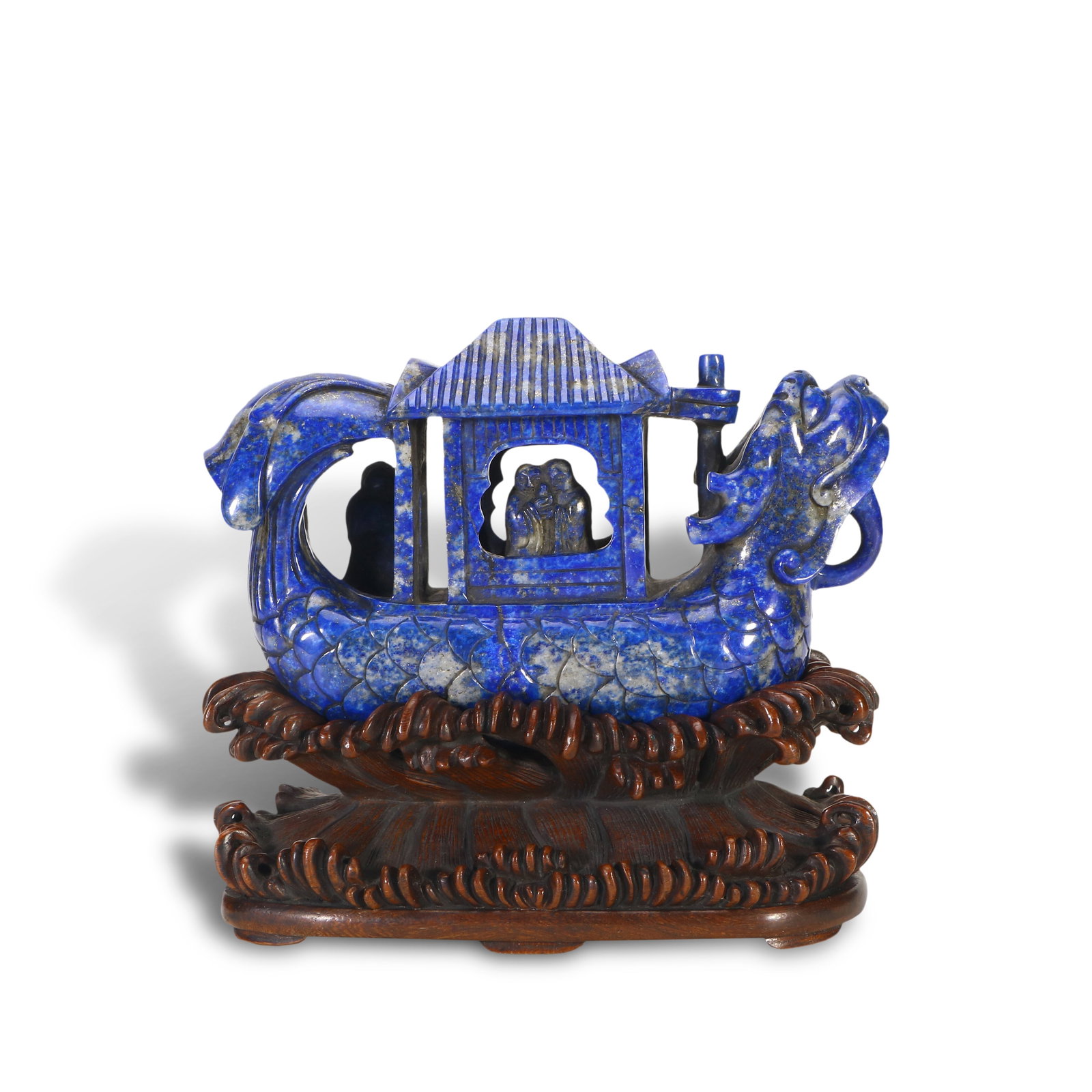 Qing Dynasty Lapis Lazuli Carved Ornament of Figure on Dragon Boat: Name Qing Dynasty Lapis Lazuli Carved Ornament of Figure on Dragon Boat Dimensions H:14cm W:15.5cm Condition Additional photographs and condition reports are available upon request