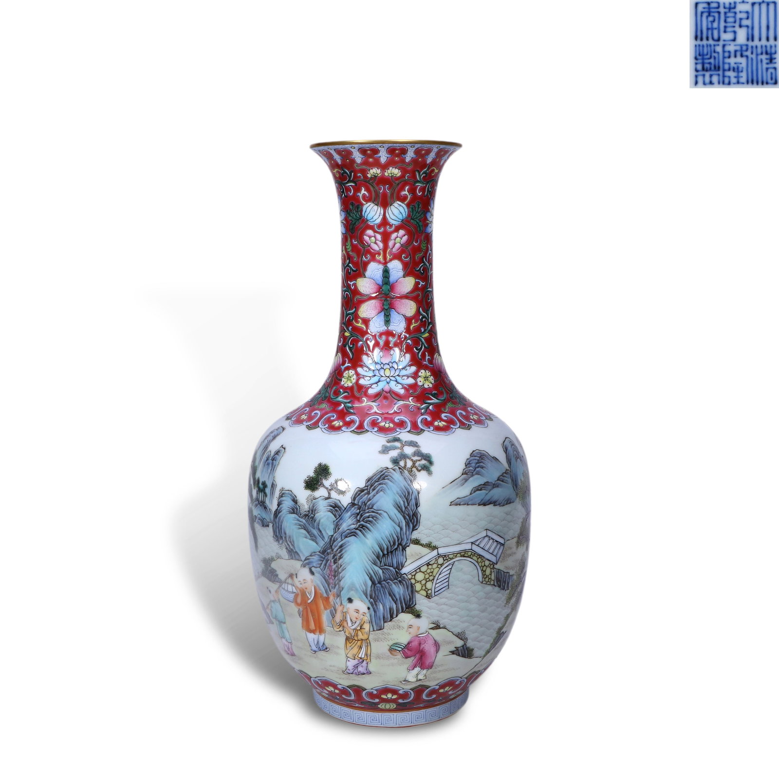 Qing Dynasty Qianlong Period,Ruby-Red Ground Famille Rose Long-Neck Vase with Nine Boys and Melon (1 of 4)