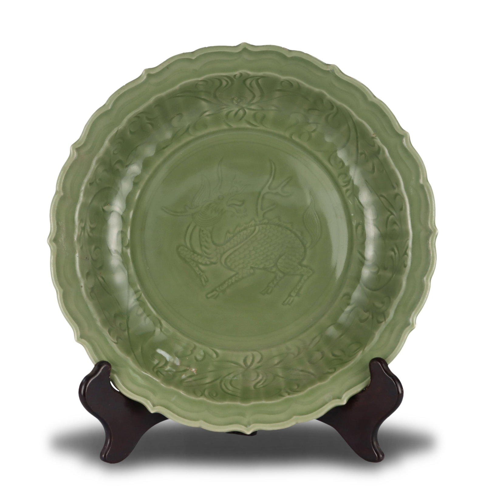 Ming Dynasty Longquan kiln large lotus-rimmed plate with kylin patterns (1 of 6)