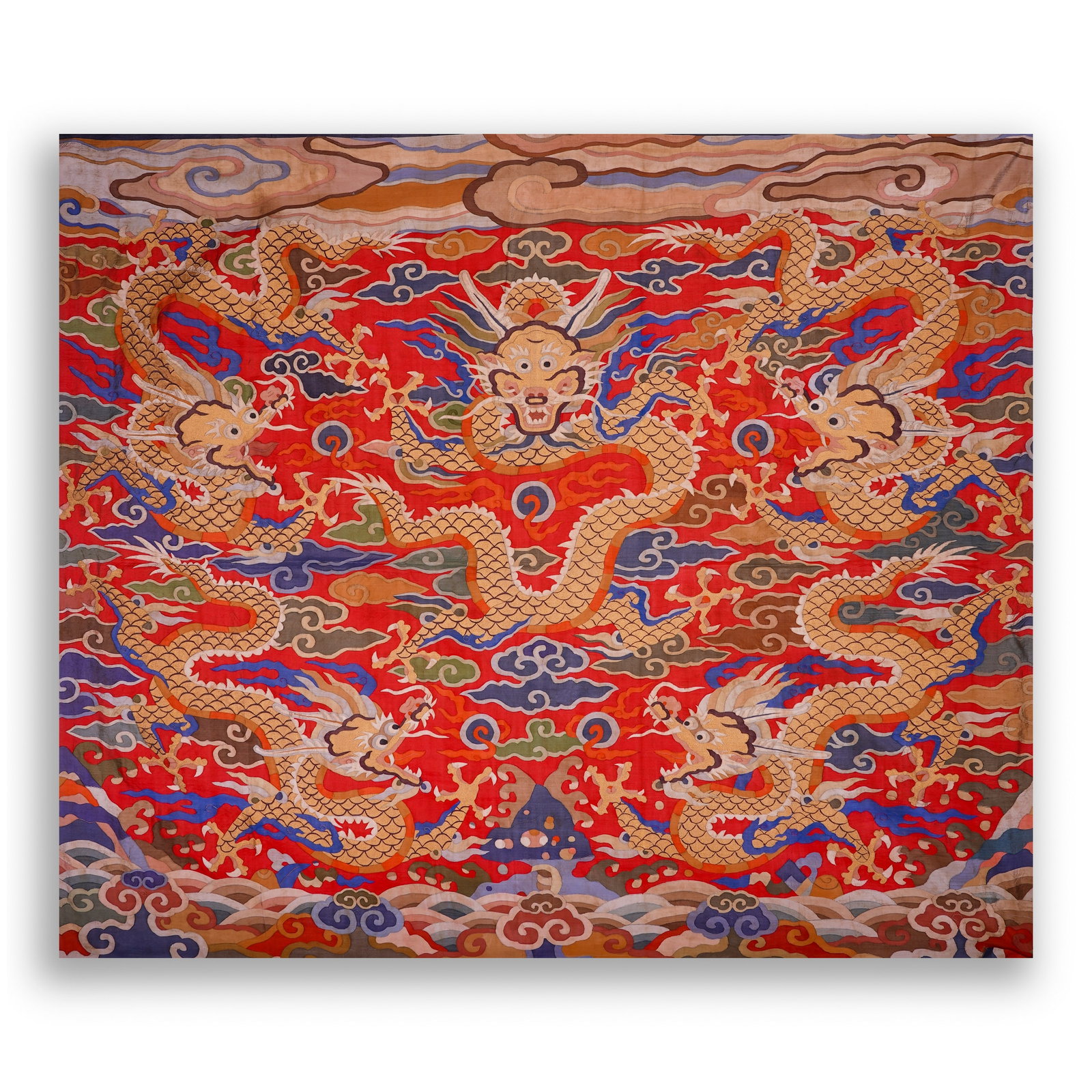 Qing Dynasty Hanging Screen with Red Ground and Kesi (Silk Tapestry) Five-Dragon Pattern (1 of 5)