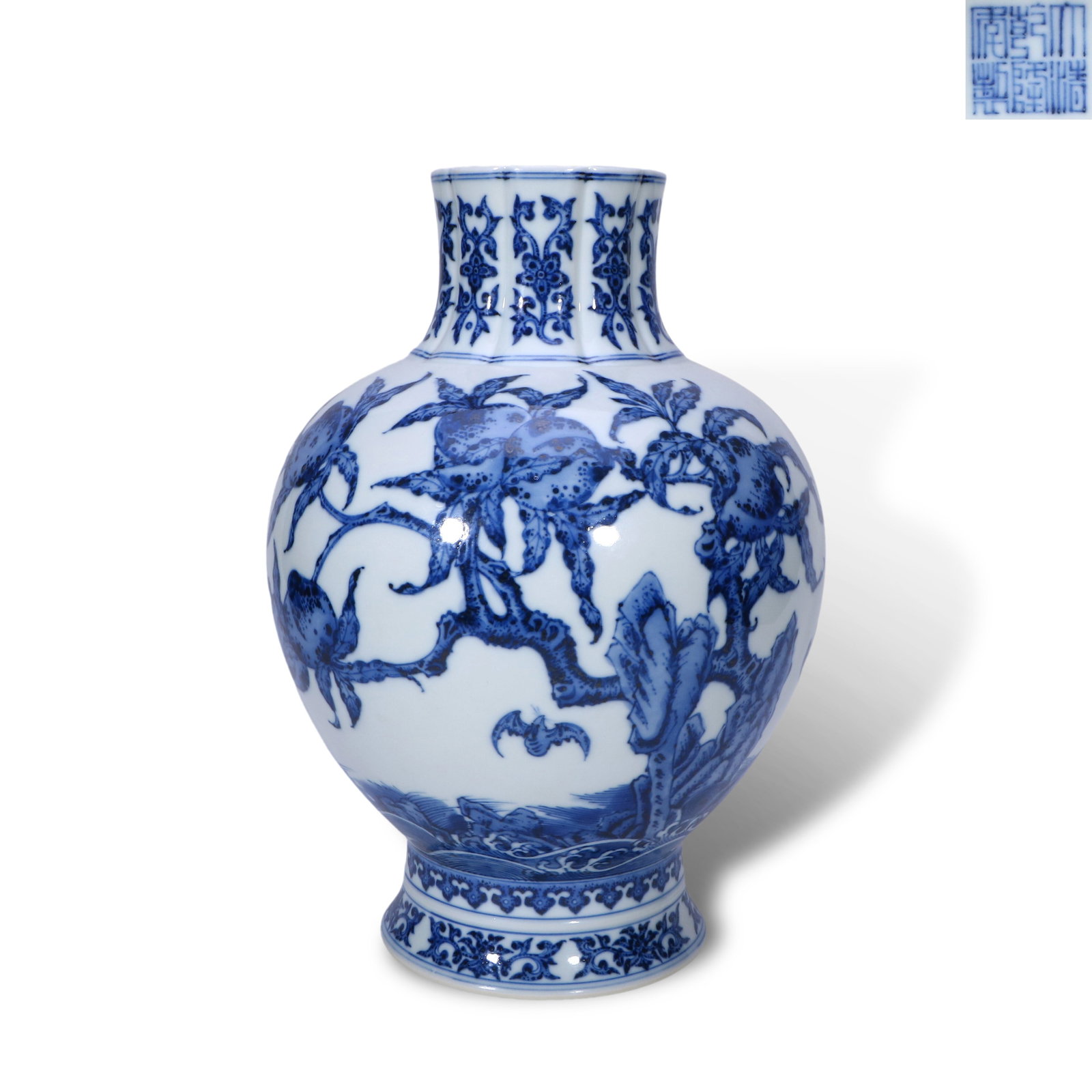 Qing Dynasty Qianlong Period,Blue and White Foliate-Rim Vase with Five Bats and Nine Peaches (1 of 4)