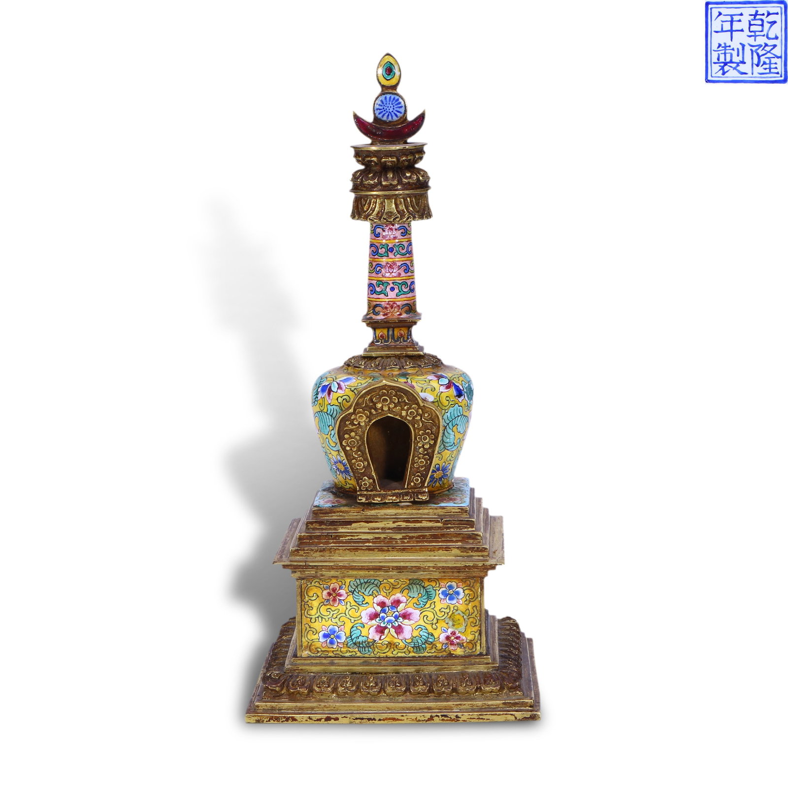 Qing Dynasty Qianlong Period,Copper-Bodied Painted Enamel Stupa with Floral Motifs (1 of 4)