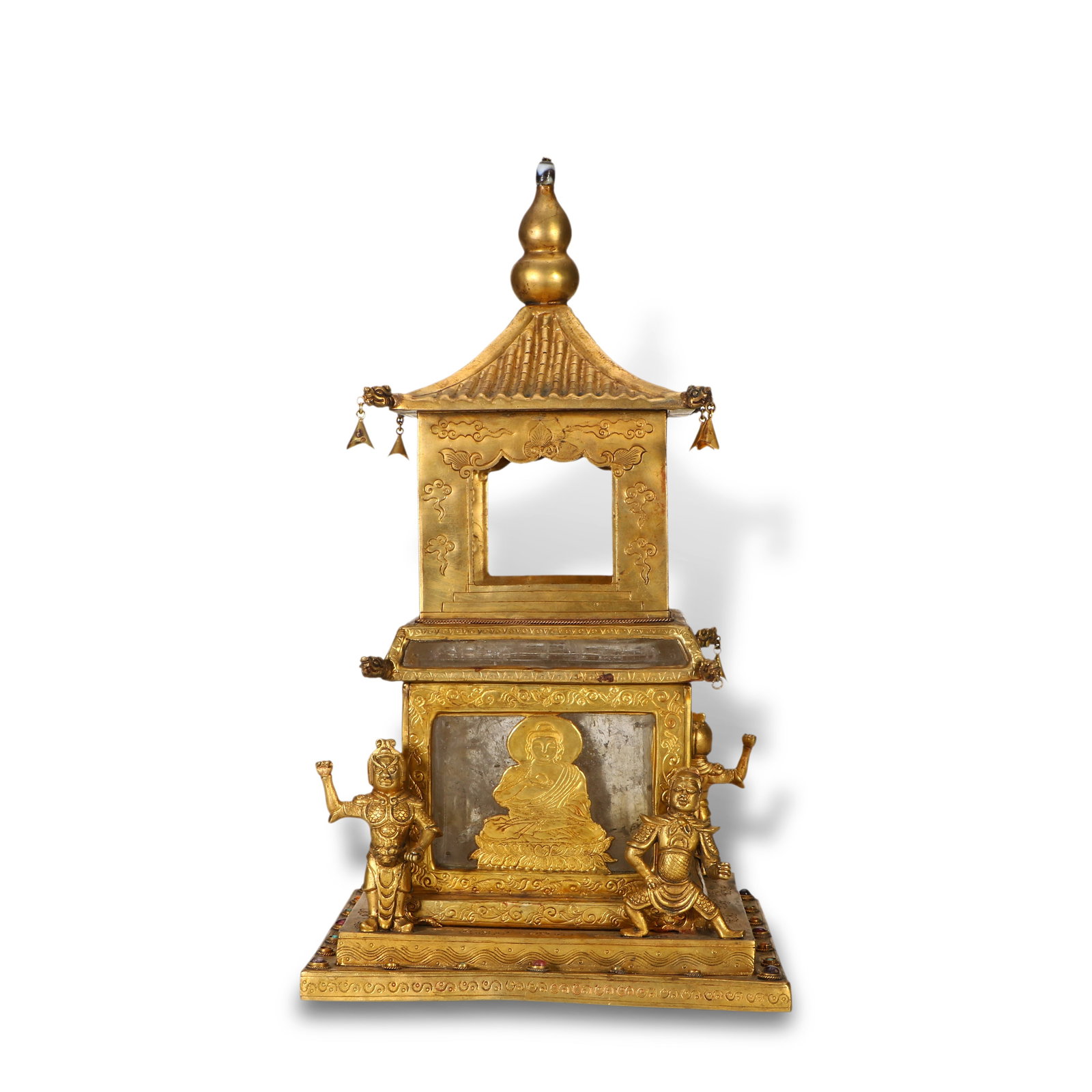 Liao Dynasty Gilt Bronze Buddhist Stupa Inlaid with Crystal for Sarira: Name Liao Dynasty Gilt Bronze Buddhist Stupa Inlaid with Crystal for Sarira Dimensions H:31cm W:17cm Condition Additional photographs and condition reports are available upon request