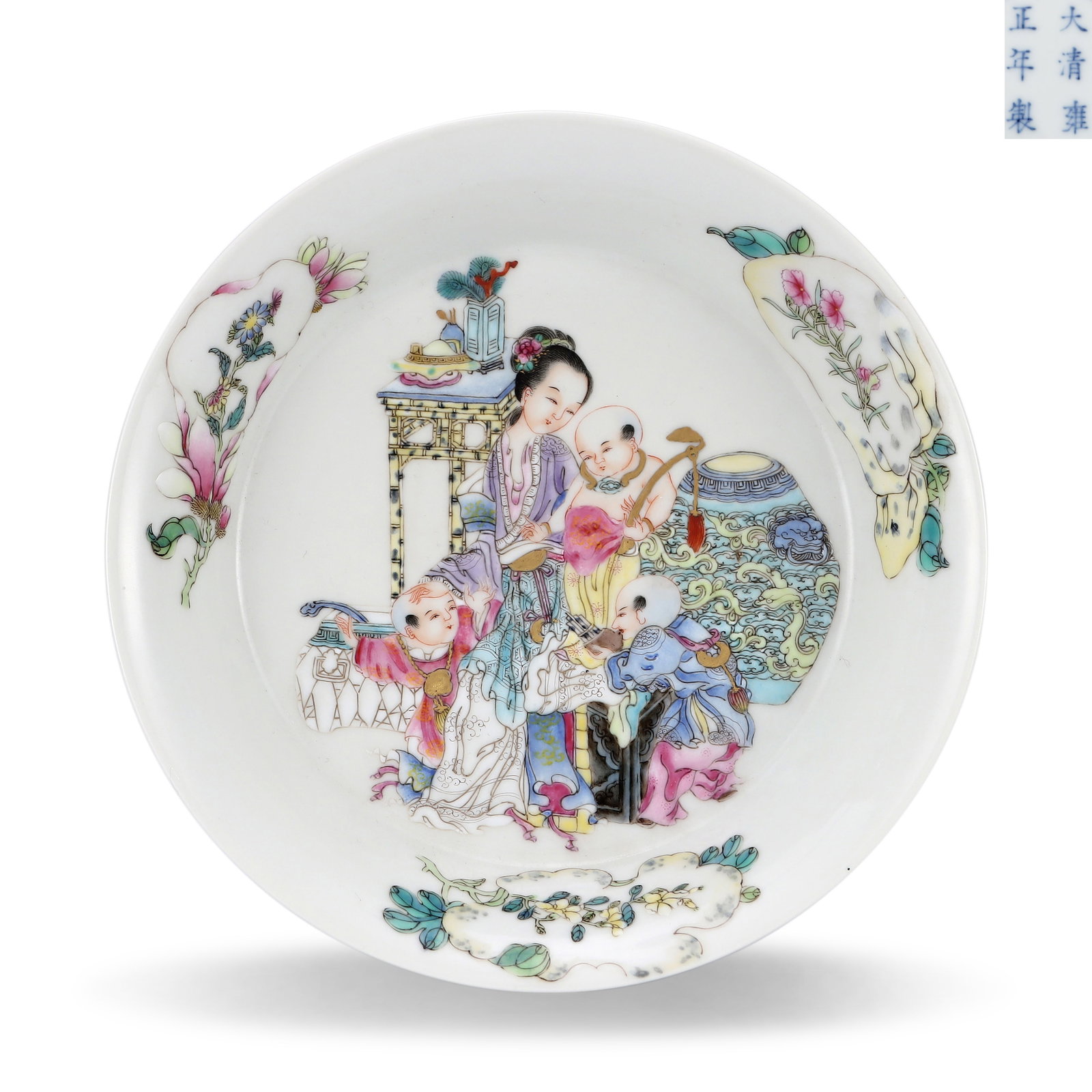 Qing Dynasty Yongzheng Period,Famille Rose Dish with Three Mothers Teaching Sons (1 of 6)