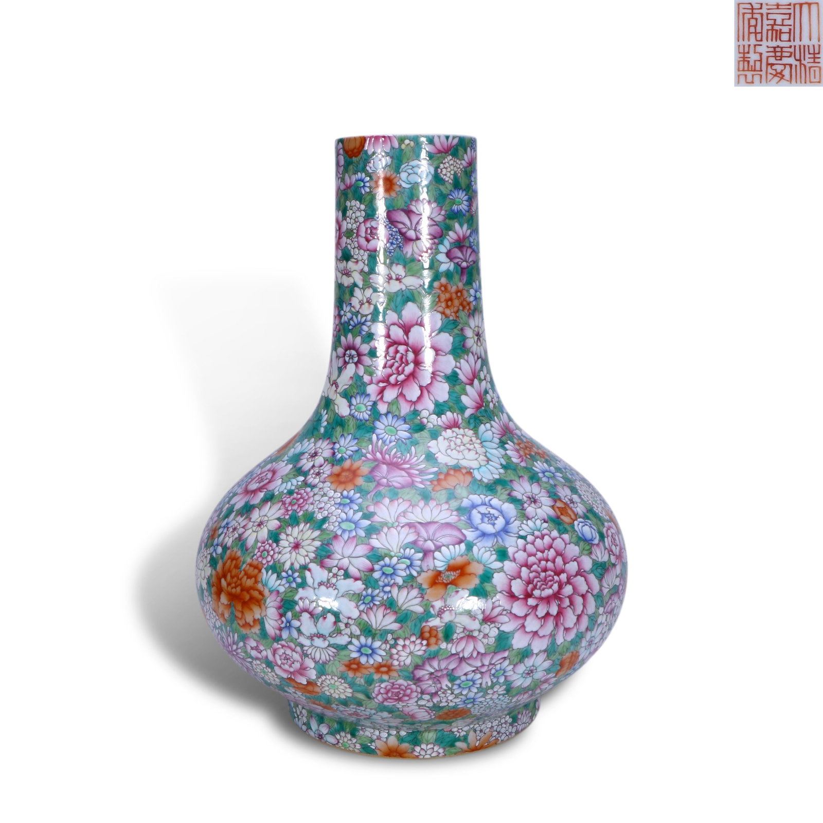 Qing Dynasty Jiaqing Period,Famille Rose "Hundred Flowers" Bulbous Vase: Name Qing Dynasty Jiaqing Period,Famille Rose "Hundred Flowers" Bulbous Vase Dimensions H:34cm D:24cm Condition Additional photographs and condition reports are available upon reques