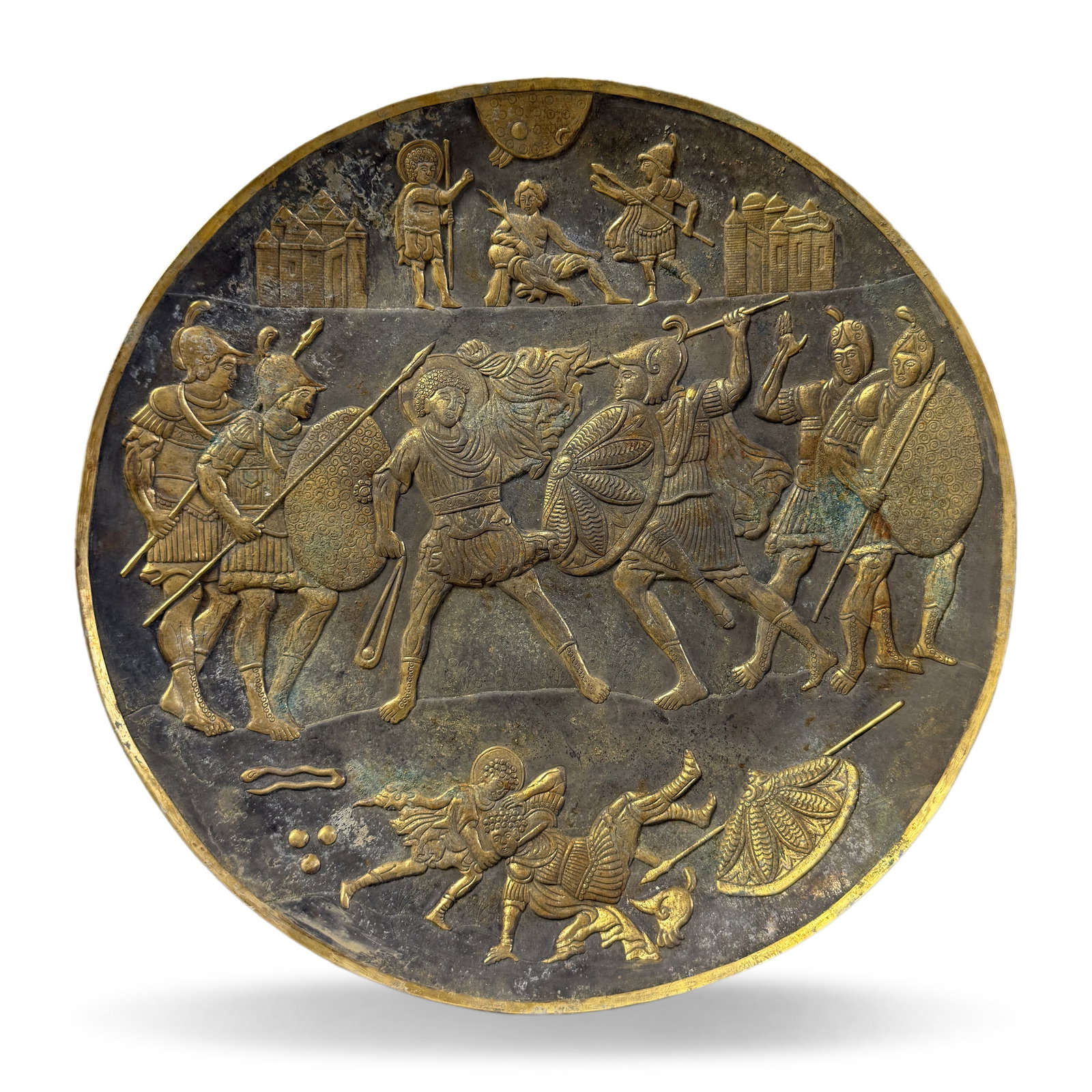 Tang Dynasty Gilt Silver Plate with Figure Story Motifs: Name Tang Dynasty Gilt Silver Plate with Figure Story Motifs Dimensions D:35cm Wt:718g Condition Additional photographs and condition reports are available upon request as a courtesy