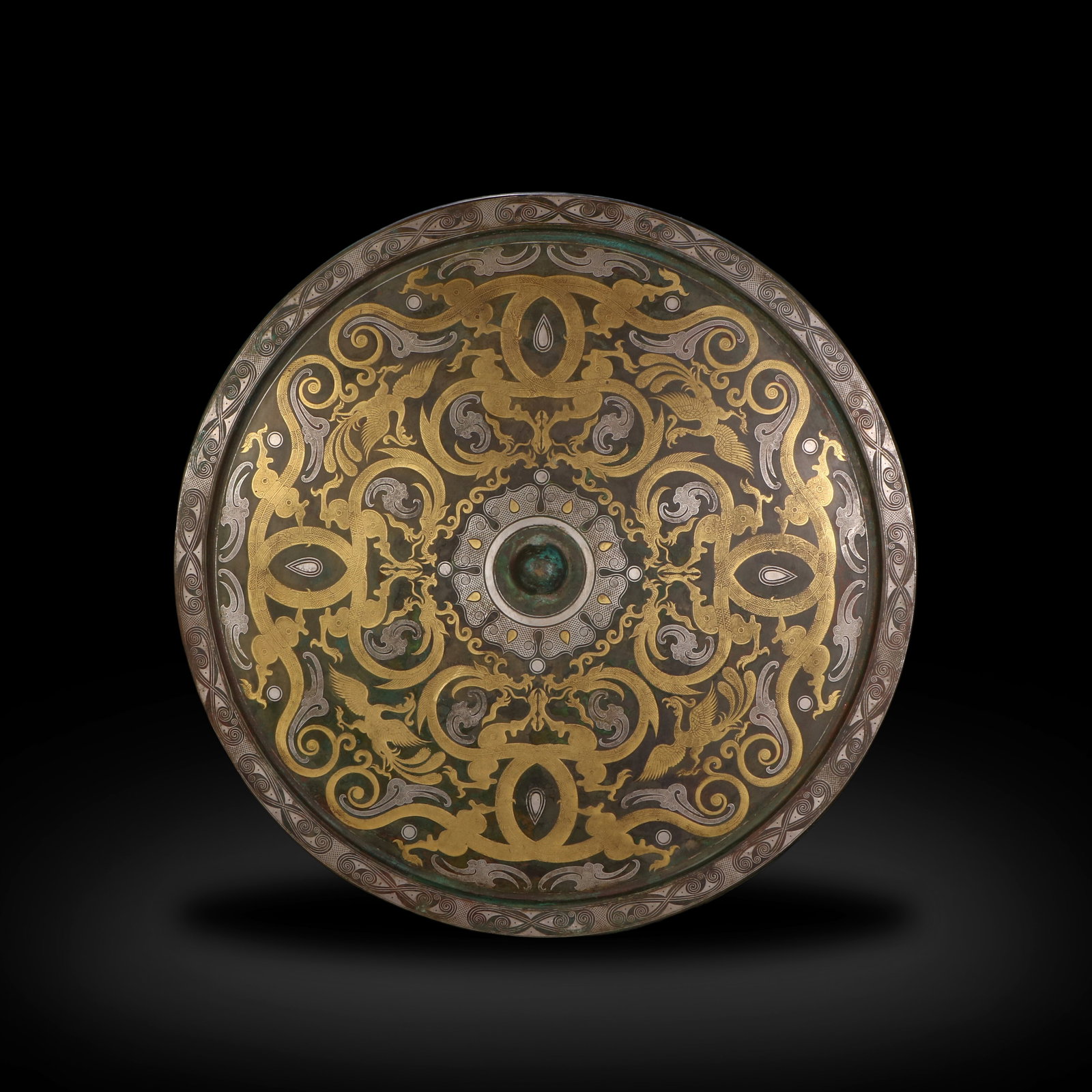 Warring States Period Bronze Mirror with Gold and Silver Inlaid Dragon and Phoenix (1 of 5)