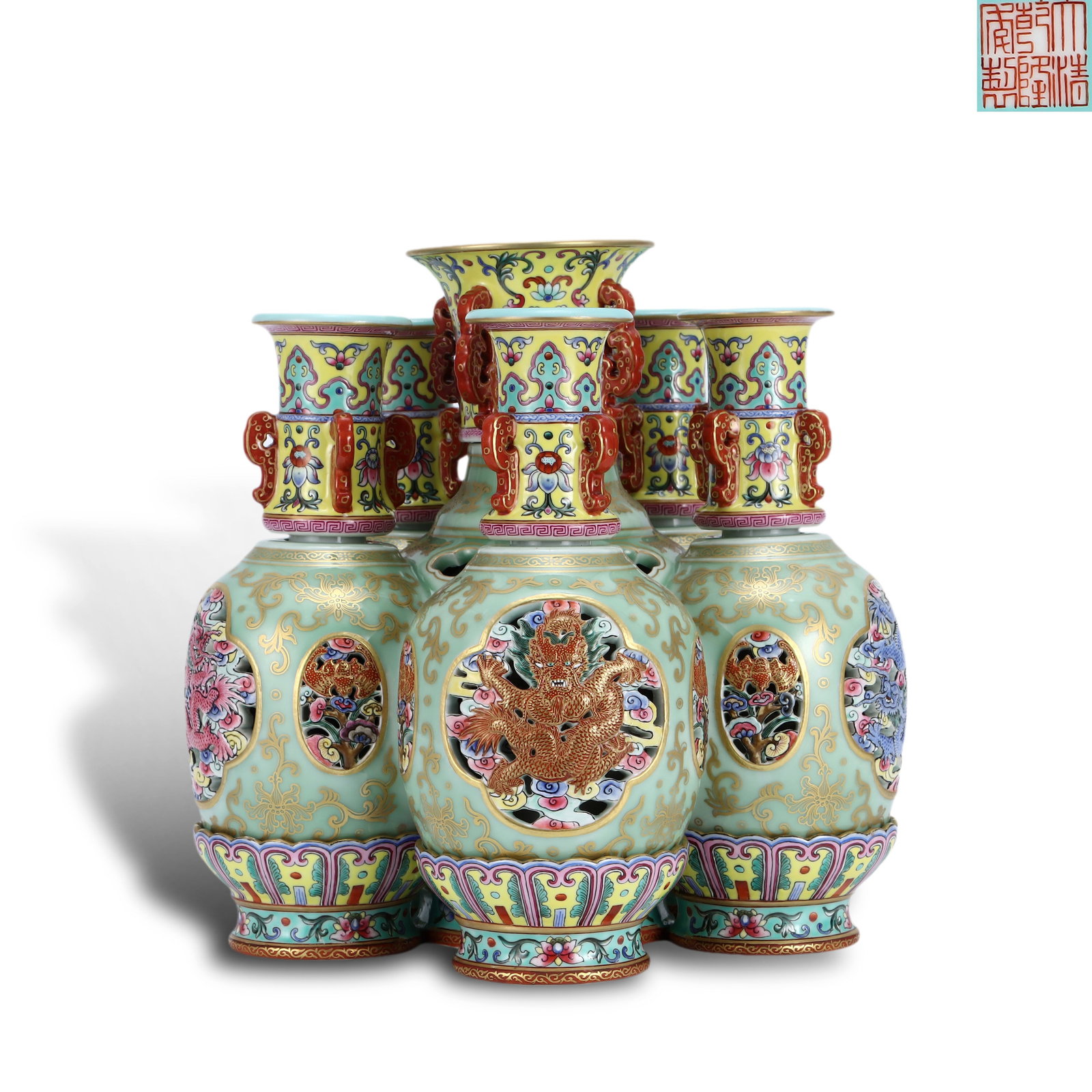 Qing Dynasty Qianlong period, Imperial foreign-color enameled gilded revolving vase with celadon: Name Qing Dynasty Qianlong period, Imperial foreign-color enameled gilded revolving vase with celadon ground Dimensions H:26cm W:27cm Condition Additional photographs and condition