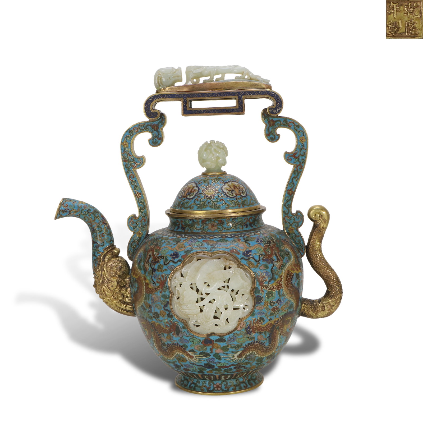 Qing Dynasty Qianlong period, Cloisonn?? ewer inlaid with jade (1 of 6)