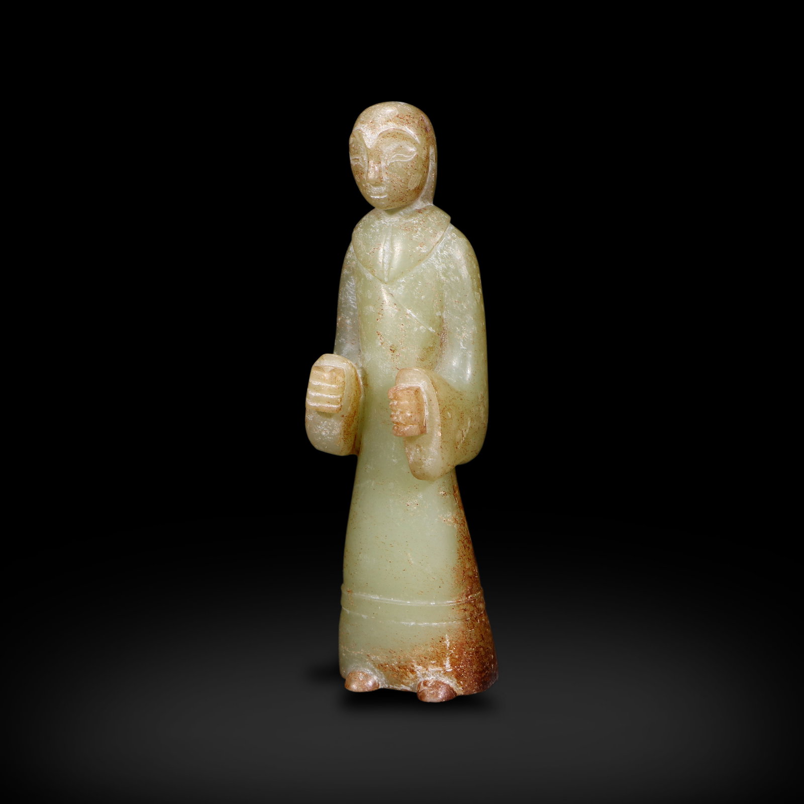 Han Dynasty Jade Figure: Name Han Dynasty Jade Figure Dimensions H:12.2cm W:3.4cm Condition Additional photographs and condition reports are available upon request as a courtesy to our clients. Any condition