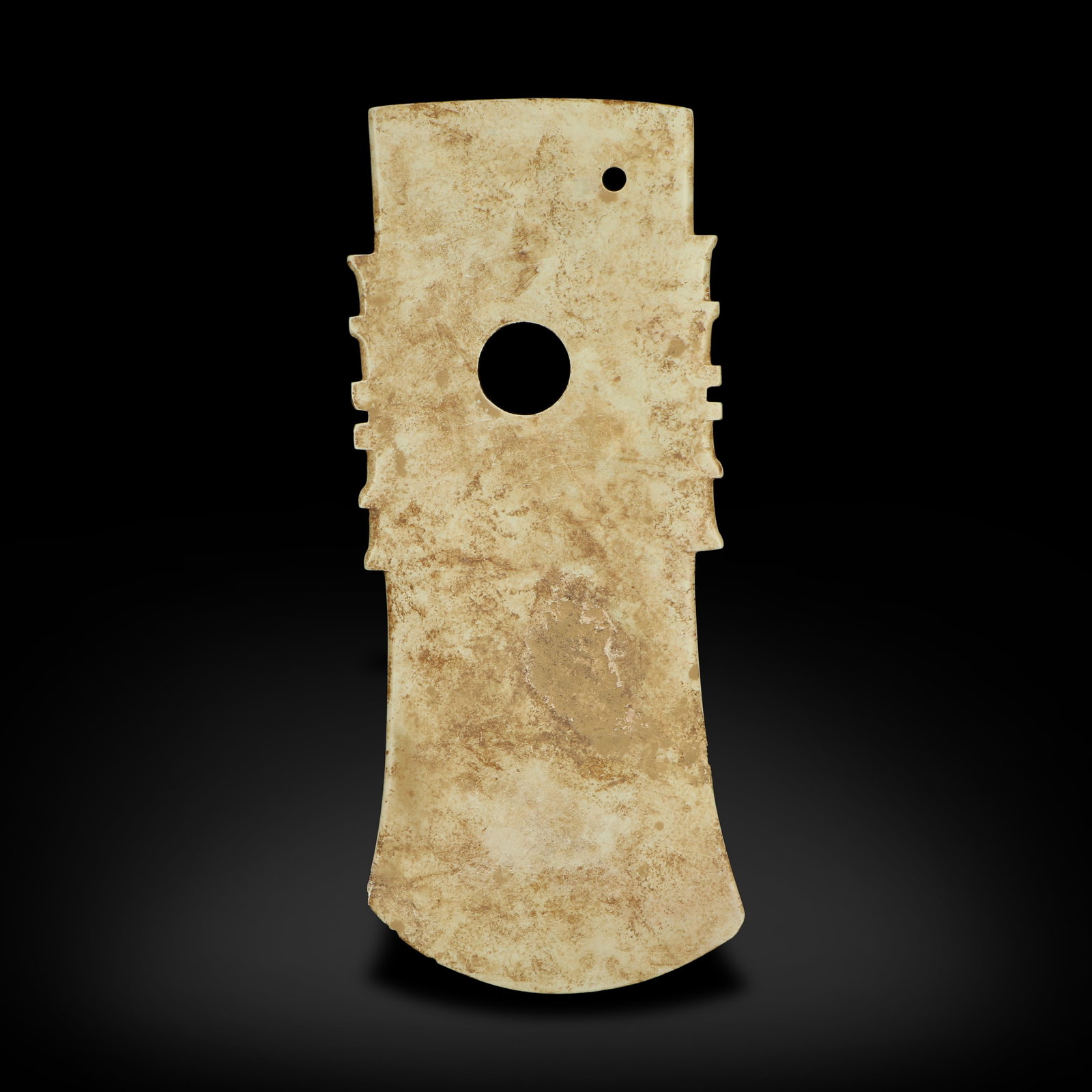 Shang Dynasty Jade qi: Name Shang Dynasty Jade qi Dimensions H:30.2cm W:12.5cm Condition Additional photographs and condition reports are available upon request as a courtesy to our clients. Any condition report