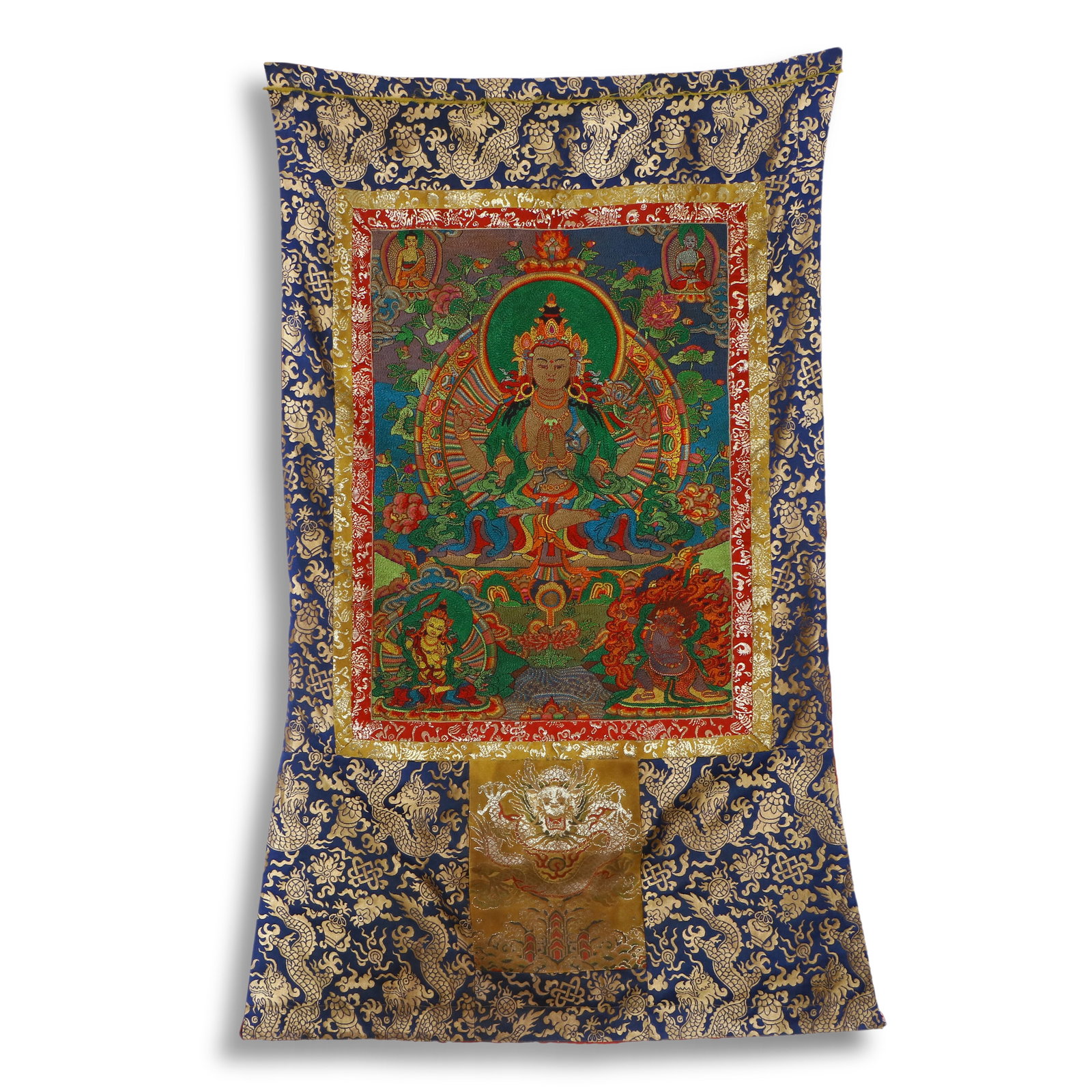Qing Dynasty Knot-Stitch Embroidered Thangka of Four-Armed Avalokite?vara: Name Qing Dynasty Knot-Stitch Embroidered Thangka of Four-Armed Avalokite?vara Dimensions 66.5*48cm Condition Additional photographs and condition reports are available upon request