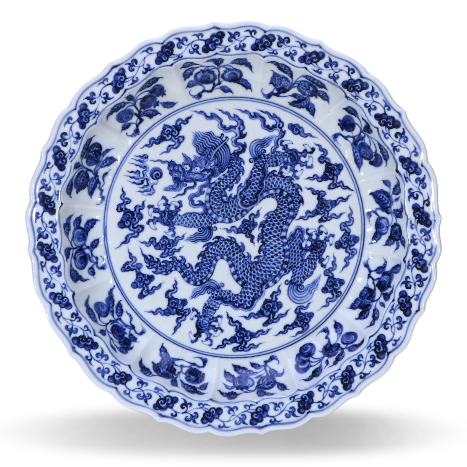 Ming Dynasty Xuande Period,Large Blue and White Foliate-Rim Dish with Cloud and Dragon Motifs (1 of 5)