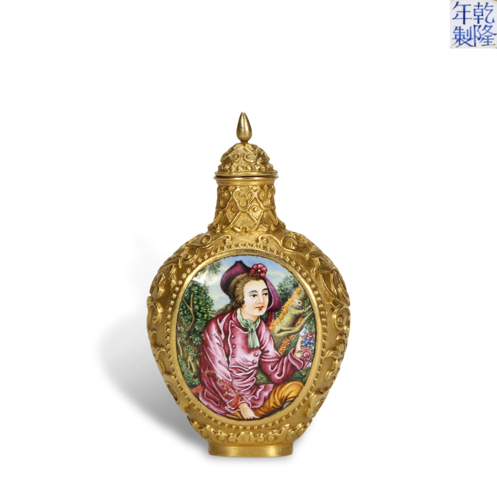 Qing Dynasty Qianlong Period,Gilt Bronze Chased Snuff Bottle Inlaid with Painted Enamel Western: Name Qing Dynasty Qianlong Period,Gilt Bronze Chased Snuff Bottle Inlaid with Painted Enamel Western Figures Dimensions H:6.7cm W:4cm Description