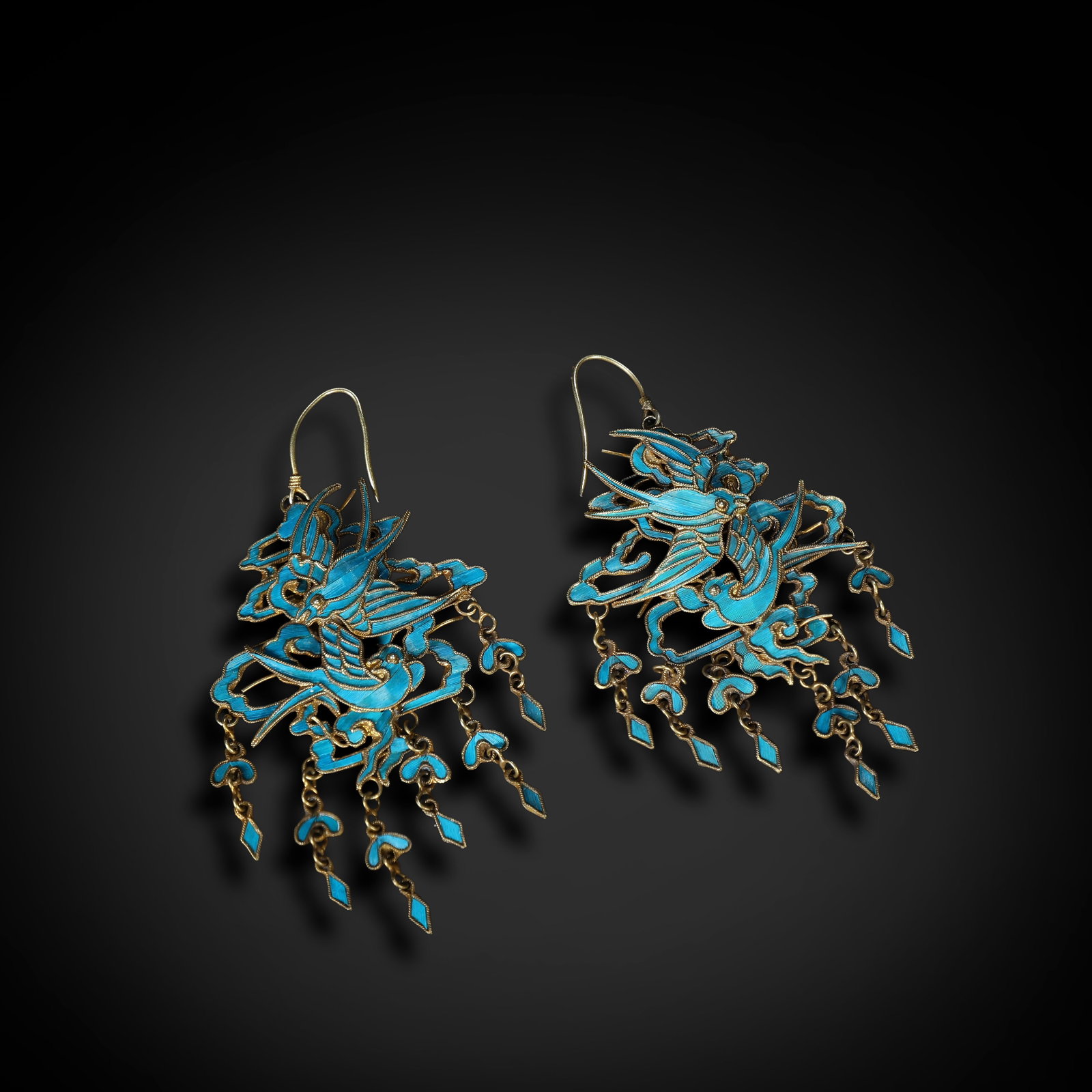 Qing Dynasty, Gilt Silver Kingfisher Feather Earrings with Magpie: Name Qing Dynasty, Gilt Silver Kingfisher Feather Earrings with Magpie Dimensions H:7.5cm W:4cm Wt:13g Description