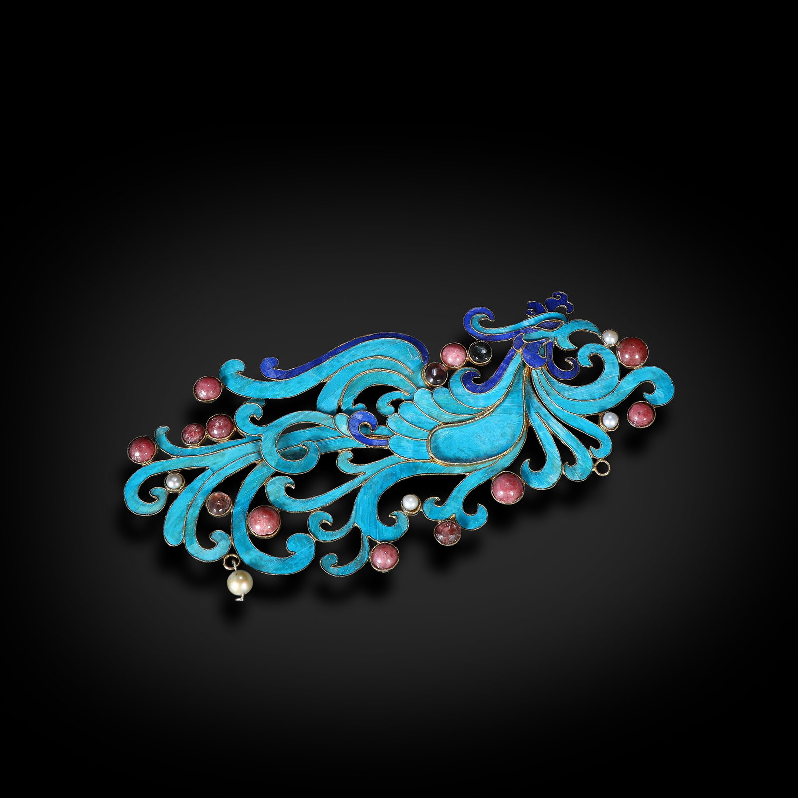 Qing Dynasty, Gilt Silver Kingfisher Feather Phoenix Hair Ornament: Name Qing Dynasty, Gilt Silver Kingfisher Feather Phoenix Hair Ornament Dimensions L:15.5cm W:7cm Wt:38.8g Description