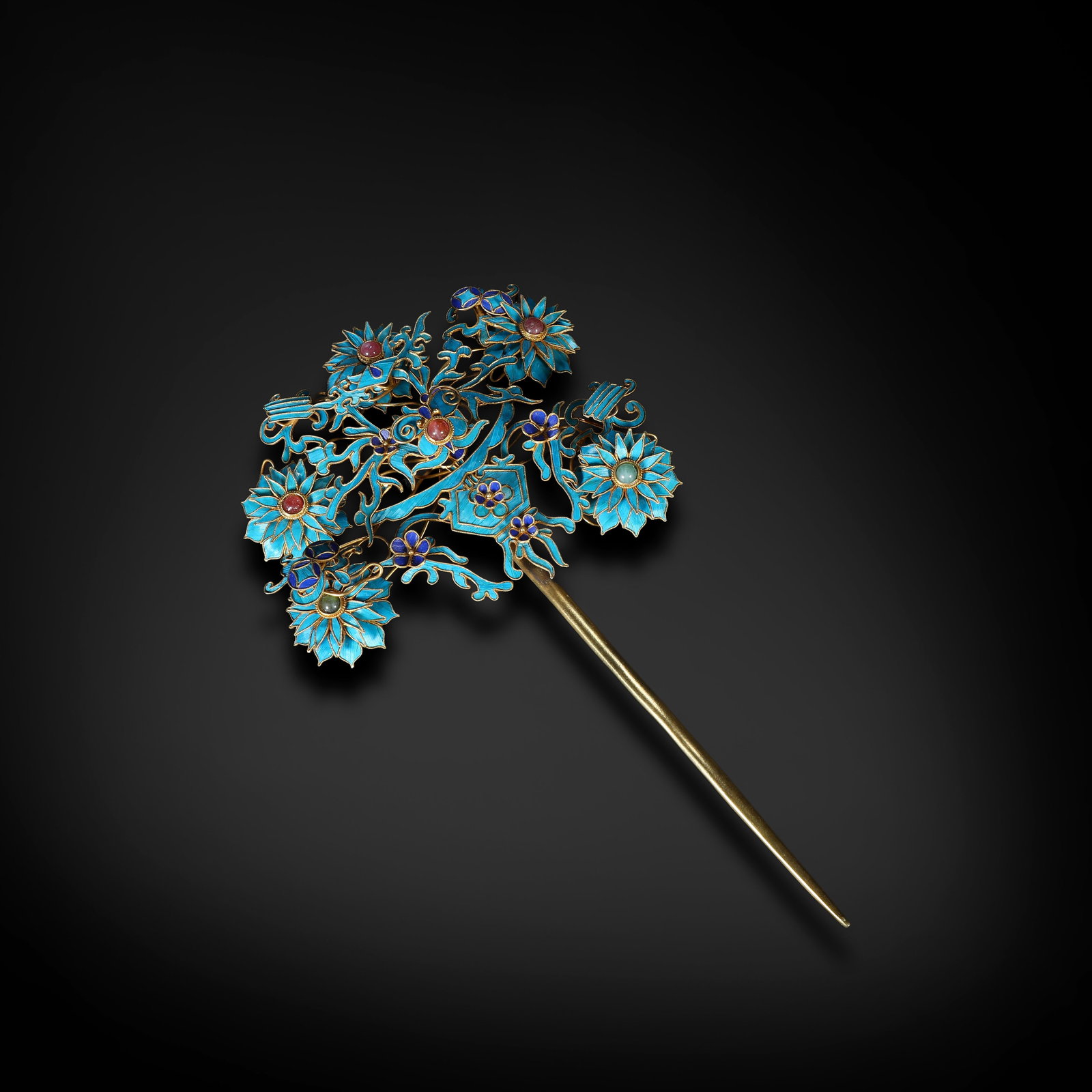 Qing Dynasty, Gilt Silver Kingfisher Feather Floral Hairpin: Name Qing Dynasty, Gilt Silver Kingfisher Feather Floral Hairpin Dimensions L:20cm W:11cm Wt:75.7g Description
