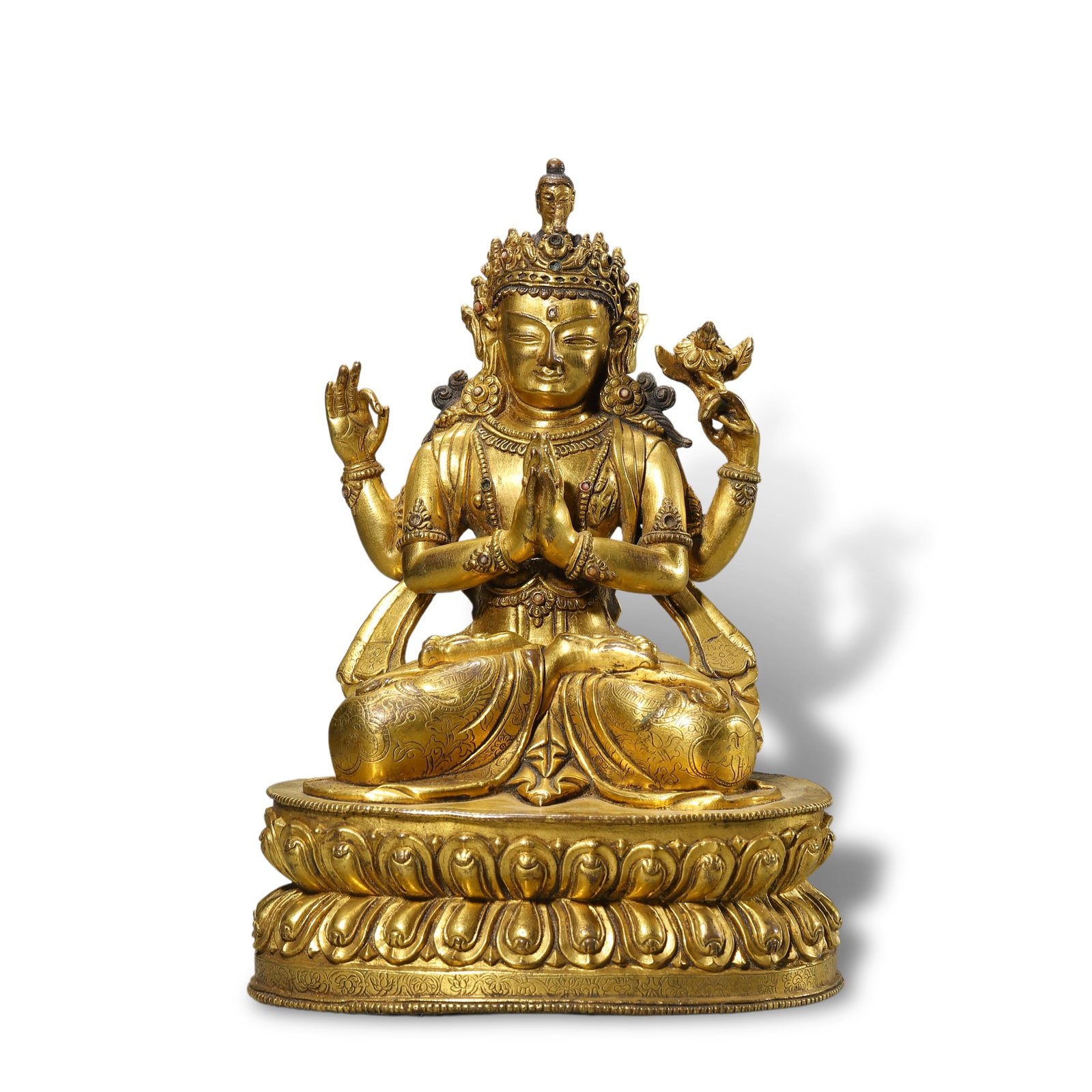 Qing Dynasty, Tibetan-Style Gilt Bronze Four-Armed Avalokite?vara Buddha Statue: Name Qing Dynasty, Tibetan-Style Gilt Bronze Four-Armed Avalokite?vara Buddha Statue Dimensions H:22.5cm Description